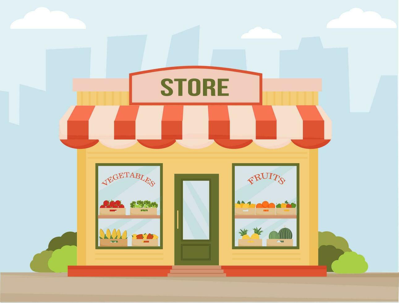 Greengrocery building facade on the street. Fruit and vegetable store front view. Showcases with applees, oranges, watermelons, pinaples, pepers,tomatoes. Flat vector illustration.