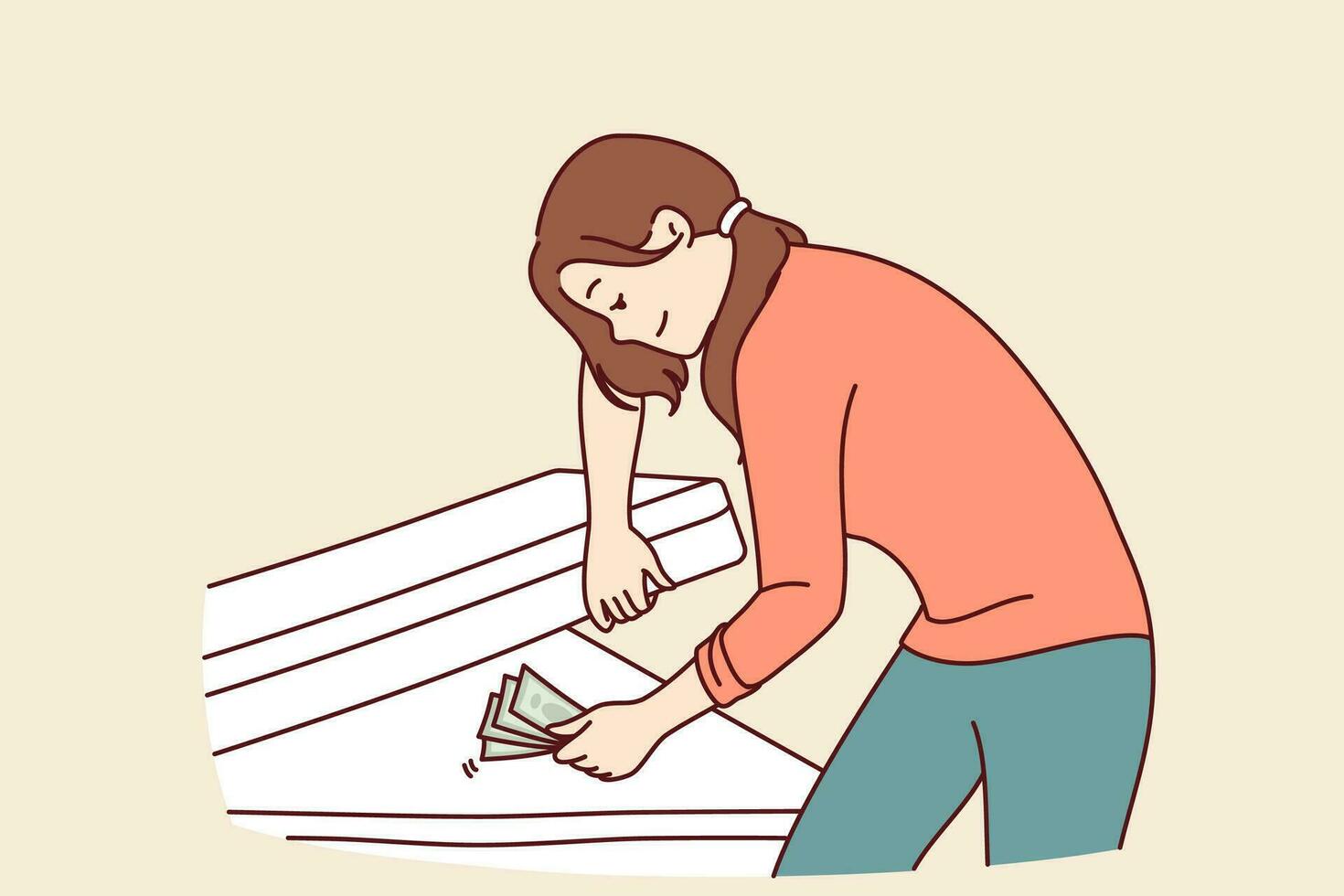 Woman hides money under mattress and smiles, keeping money safe and wanting to save up for big purchase. Concept of lack of financial literacy in girl who does not trust bank deposits vector