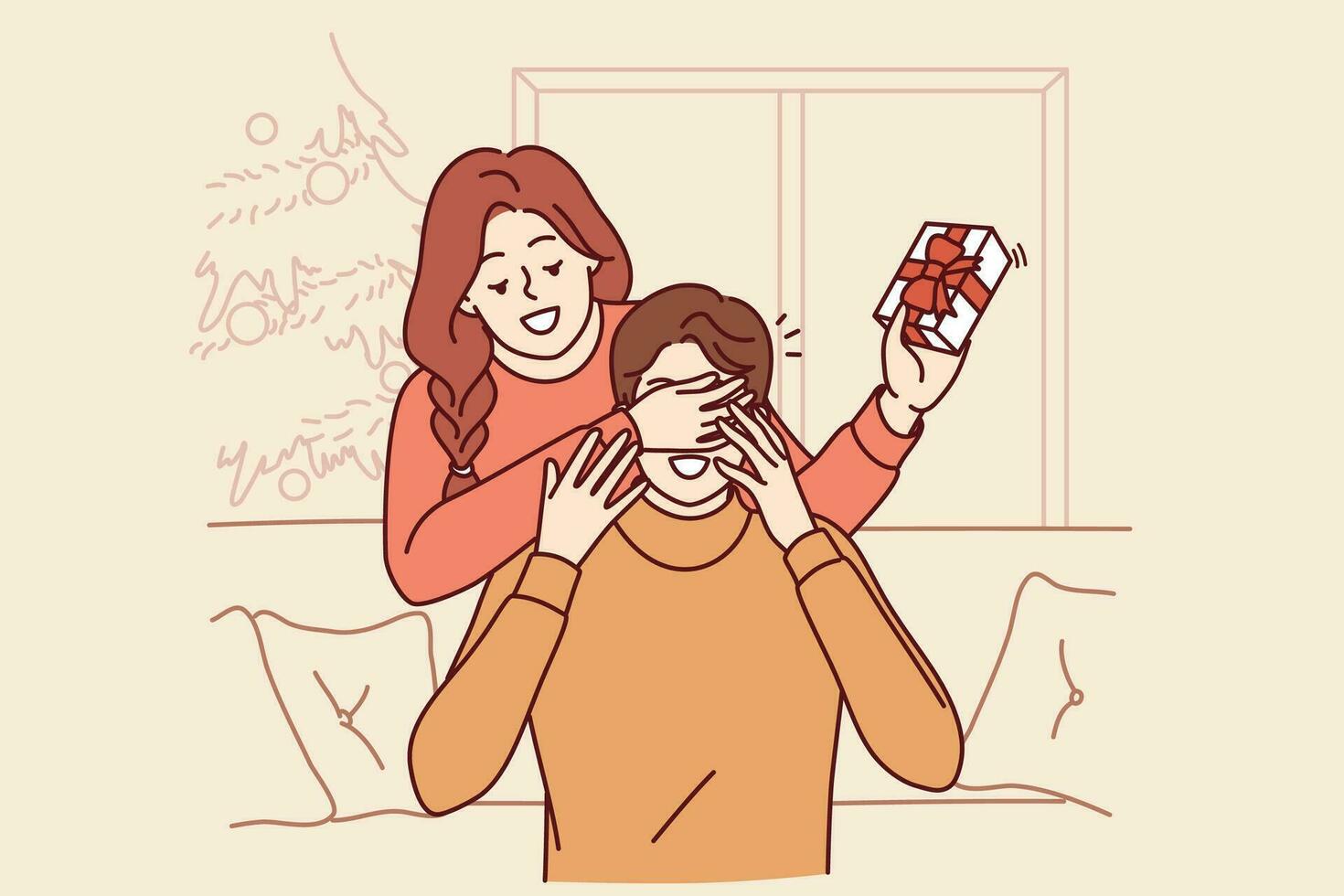 Woman gives christmas gift to boyfriend sitting on sofa and closes eyes to make surprise. Man and wife are in house with christmas tree and exchange new year gifts in beautiful packaging. vector