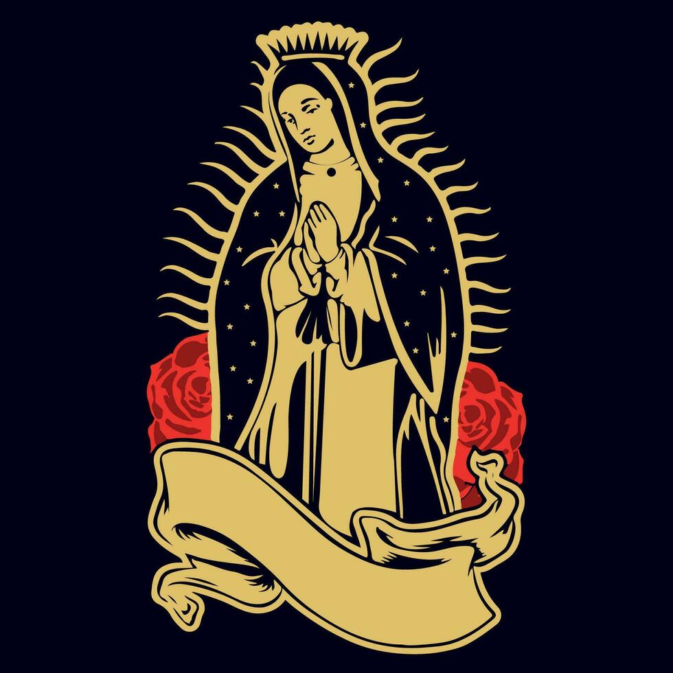 Mexican Virgin of Guadalupe vintage silkscreen style poster illustration with roses on dark background vector