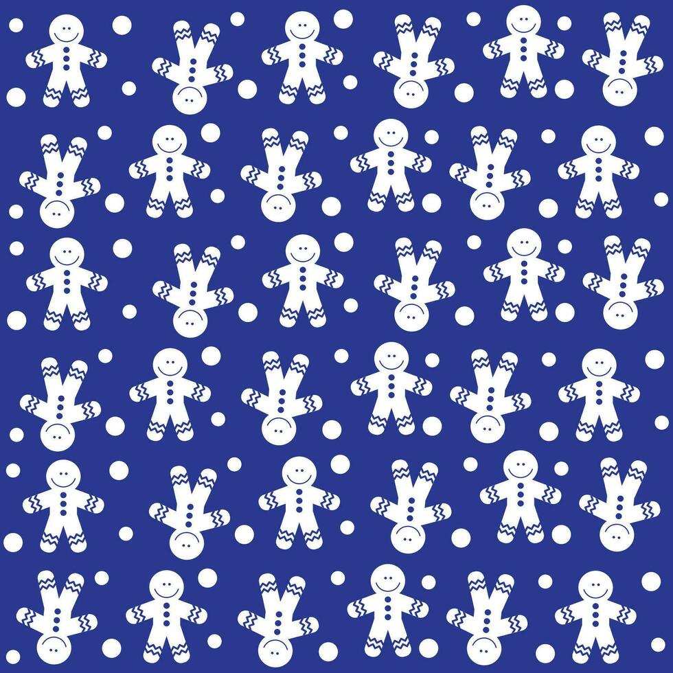 Pattern cute gingerbread men on a blue background with snow. Christmas print, textile, background, vector