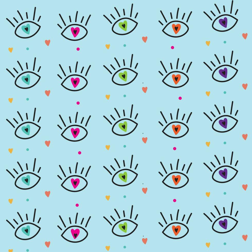 Hand drawn eye doodles seamless pattern with blue background. Vector illustration. Perfect for wallpapers, web page backgrounds, surface textures, textiles.