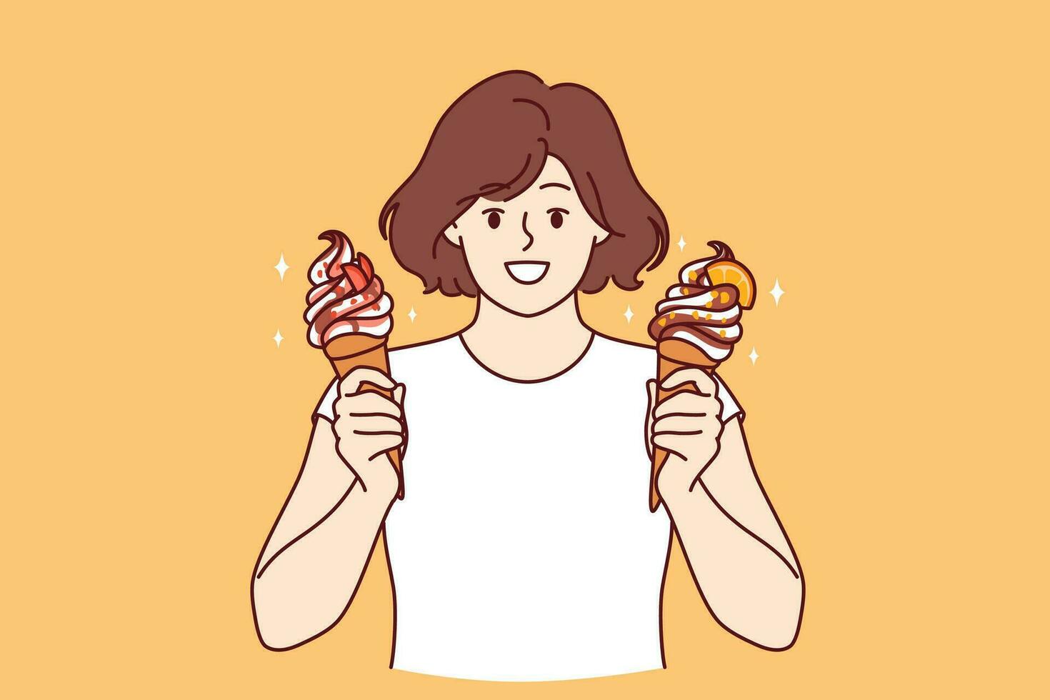 Teenage woman holds two ice creams with fruit syrup and waffle cone and looks at screen smiling. Child offers to try delicious and sweet ice creams to refresh yourself in hot summer weather vector