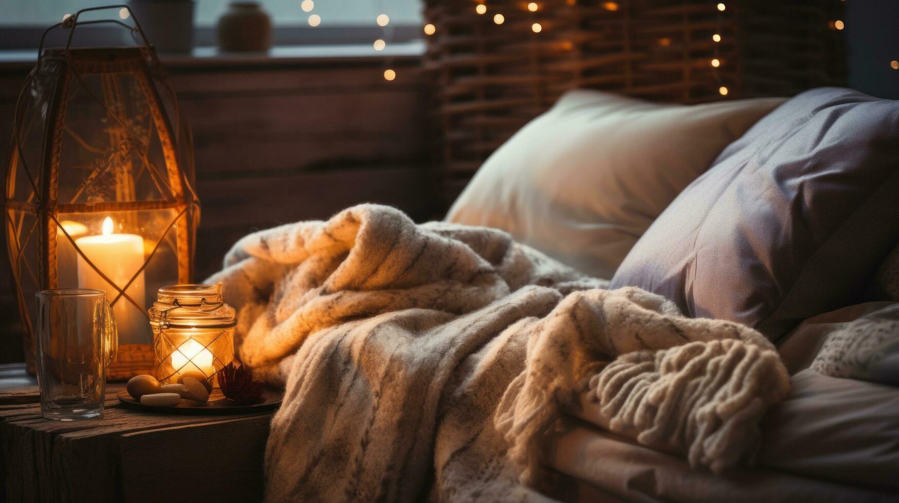 AI generated Cozy winter aesthetics, soft blankets, warm lights, creating an inviting and snug atmosphere photo
