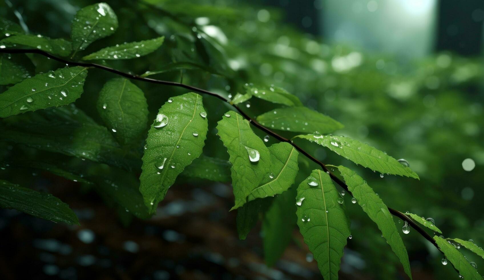 AI generated leaves and rain drops on leaves in the forest photo