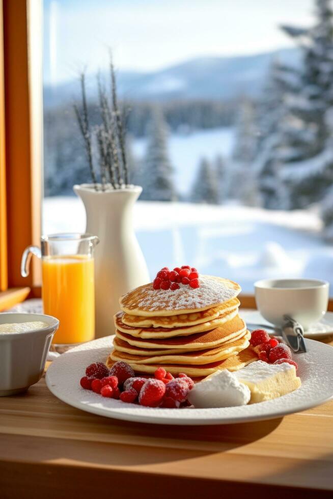 ai generado acogedor fin de semana desayuno con panqueques, bayas, y un ver de cubierto de nieve paisajes foto