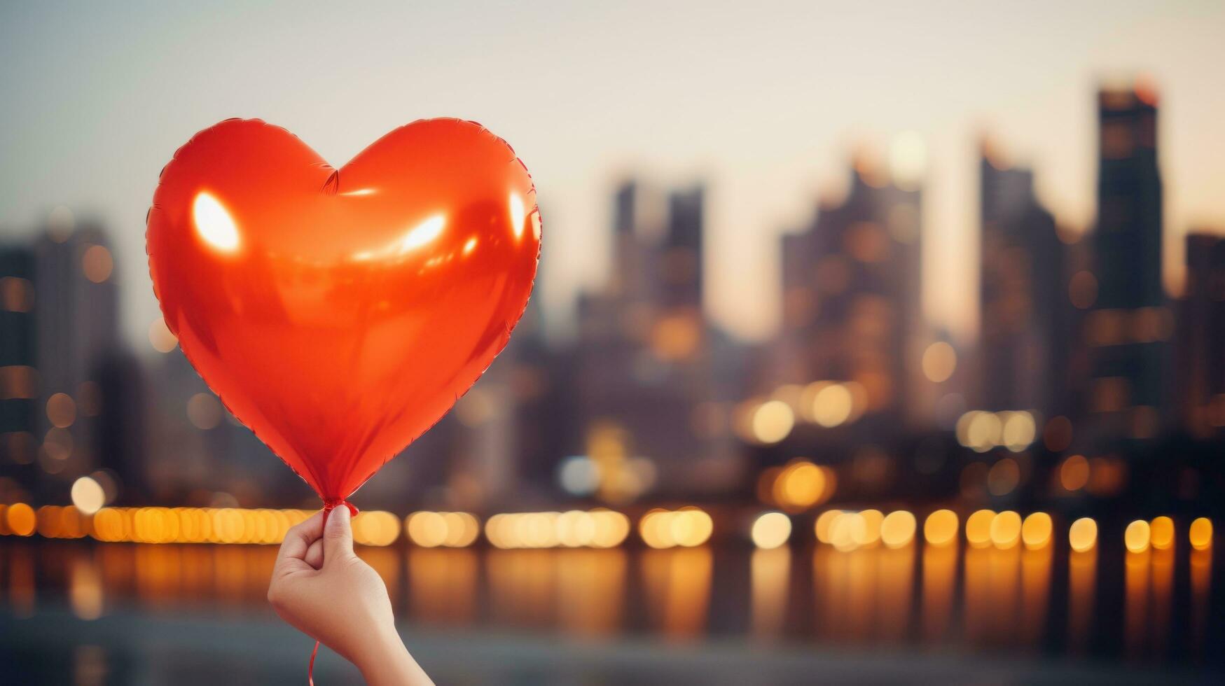 AI generated Hand holding heart-shaped balloon against blurred city lights photo