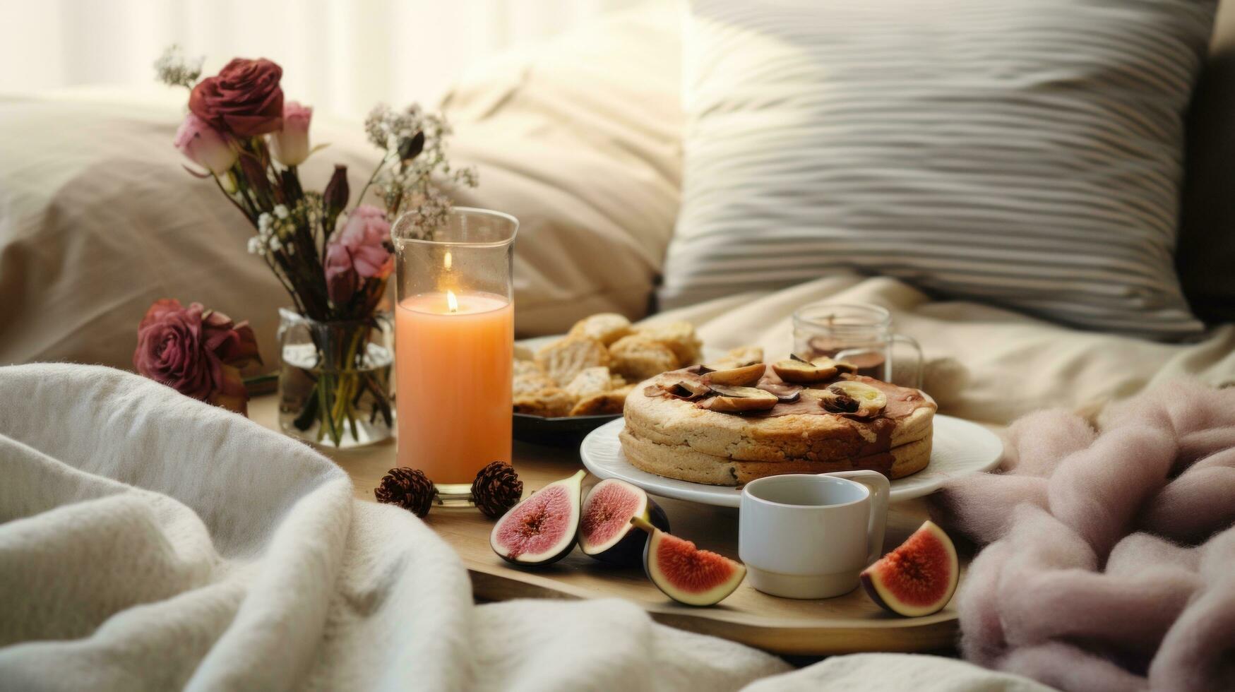 AI generated Winter aesthetic, cozy breakfast spread, soft blankets, creating a warm and inviting atmosphere photo