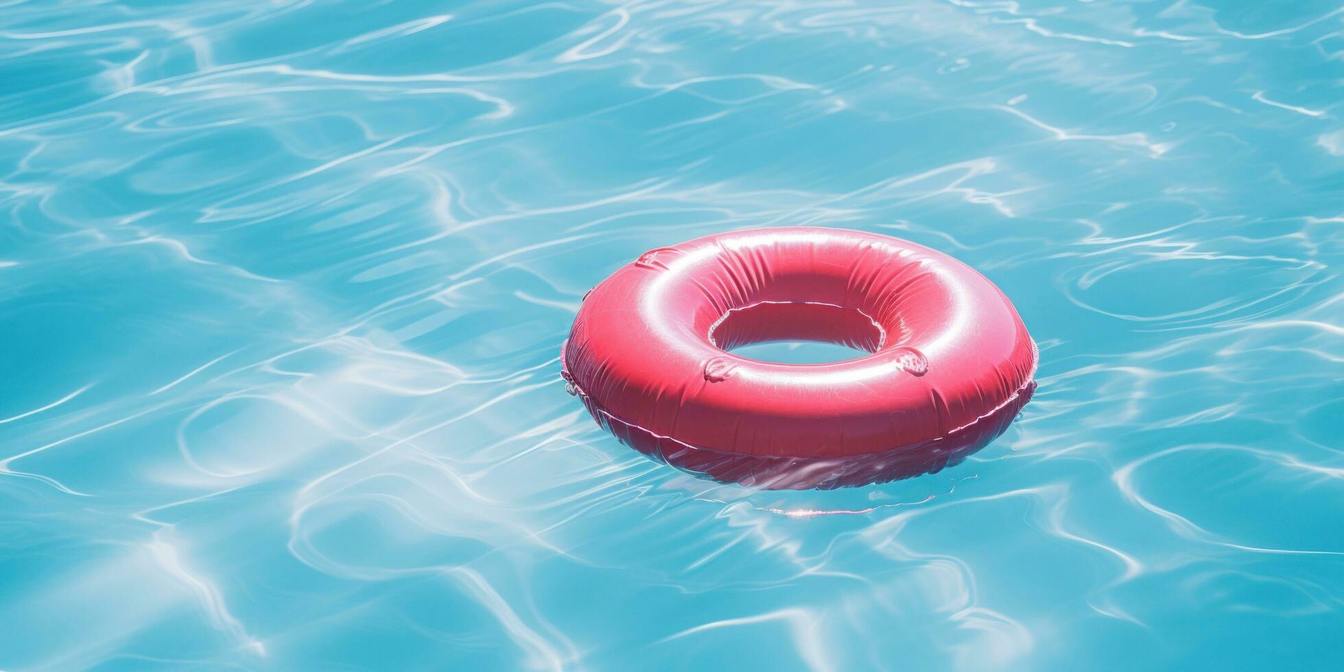 ai generado rojo inflable nadar anillo flotante en un azul piscina foto