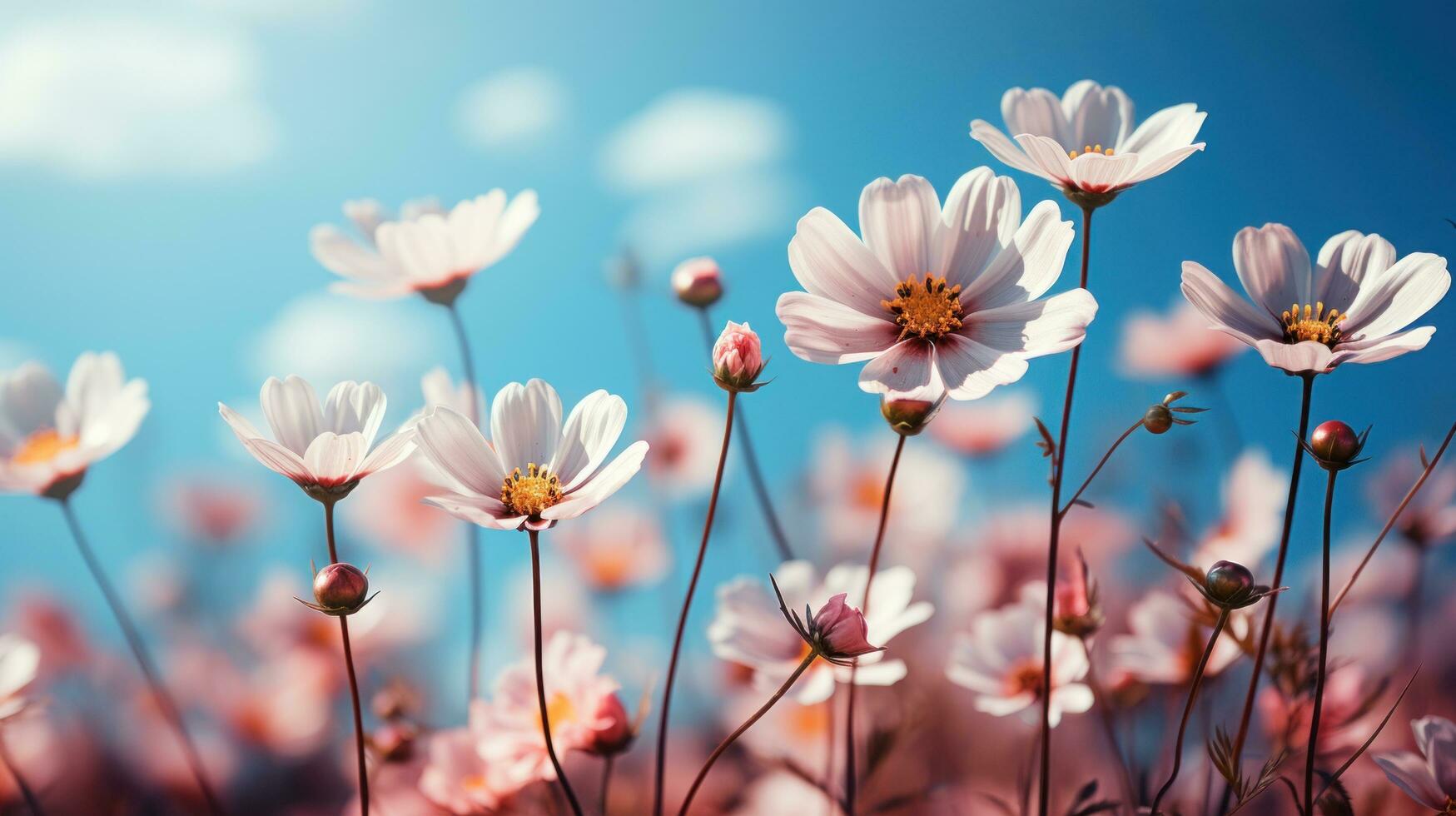 AI generated Serene meadow with blooming flowers, offering ample copy space for text photo