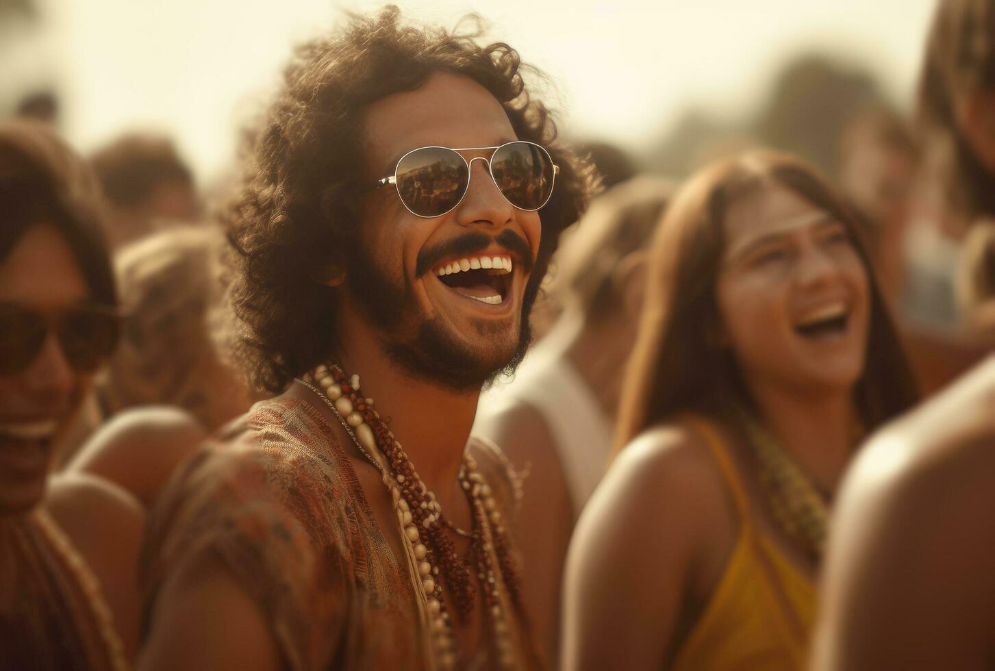 AI generated a man in sunglasses at a festival smiling down at them photo