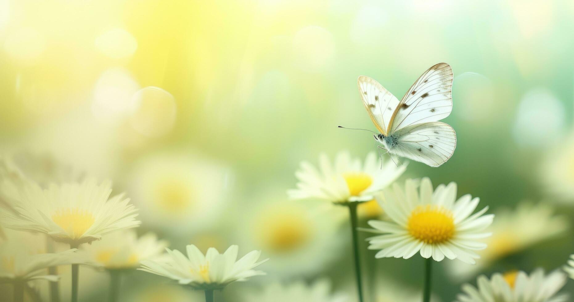 ai generado un blanco y amarillo mariposa sentado cerca un flor foto