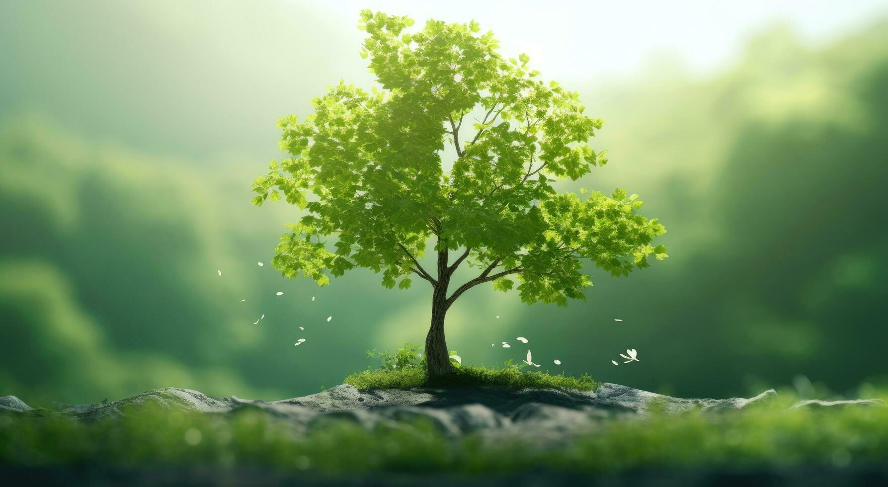 AI generated a tree in the background with green leaves photo