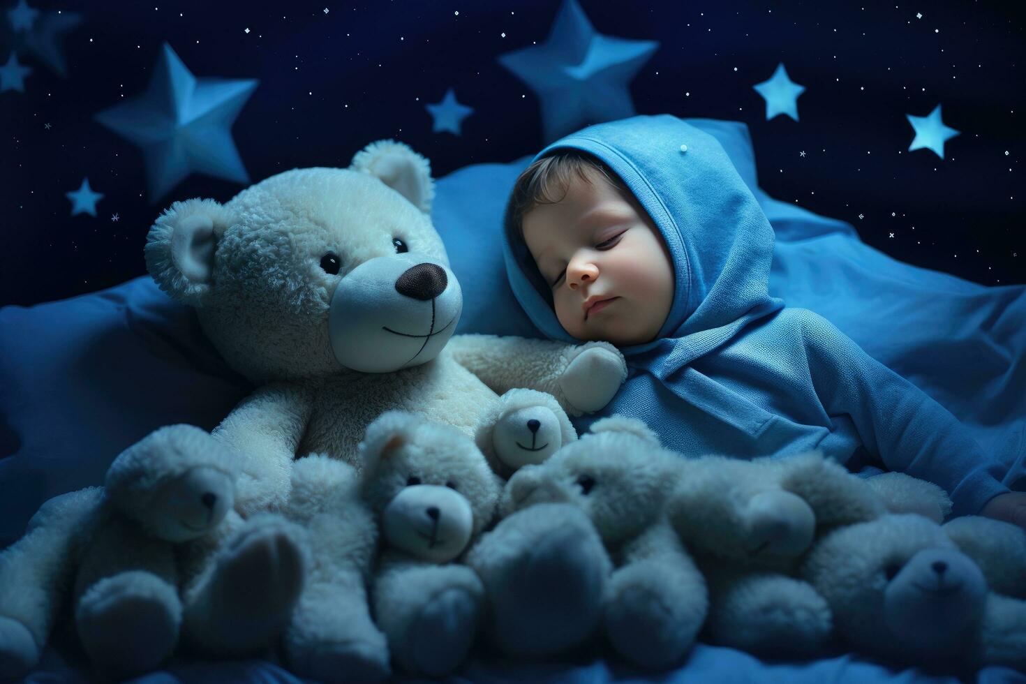 AI generated a baby is sleeping in his blue blanket with bears photo