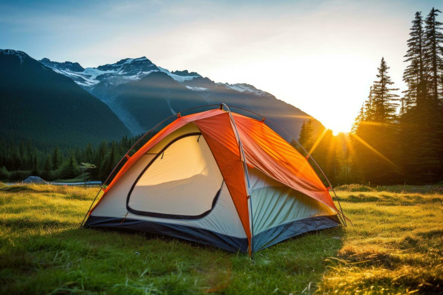 AI generated tent standing in natural green grass photo