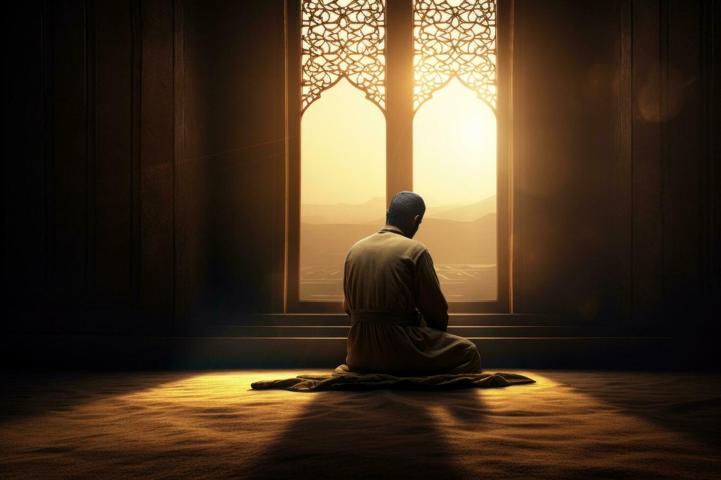 AI generated the man kneels in quiet and praying by the window photo