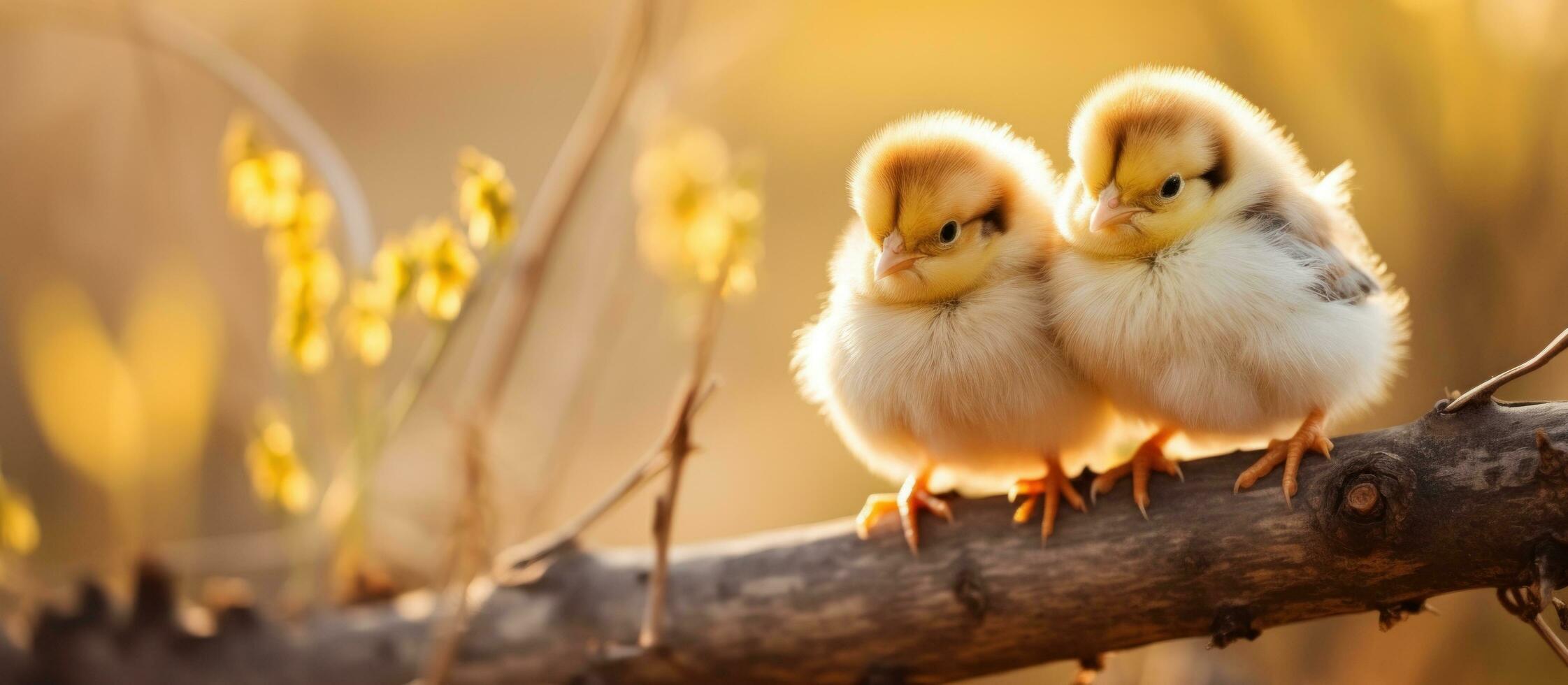 AI generated two small baby chicks on a branch with grasses in back photo