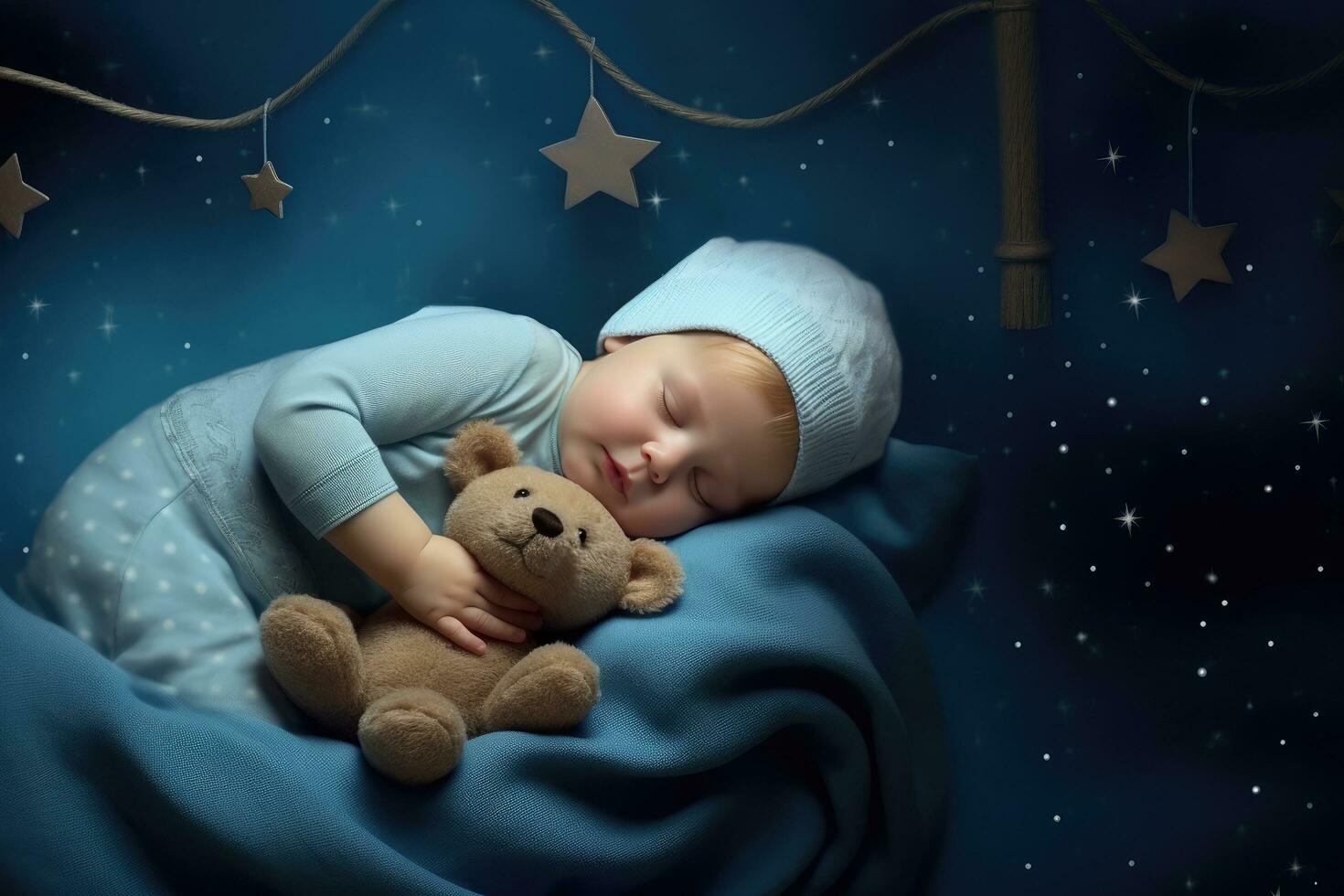 ai generado bebé dormido con un oso dormido con estrellas foto