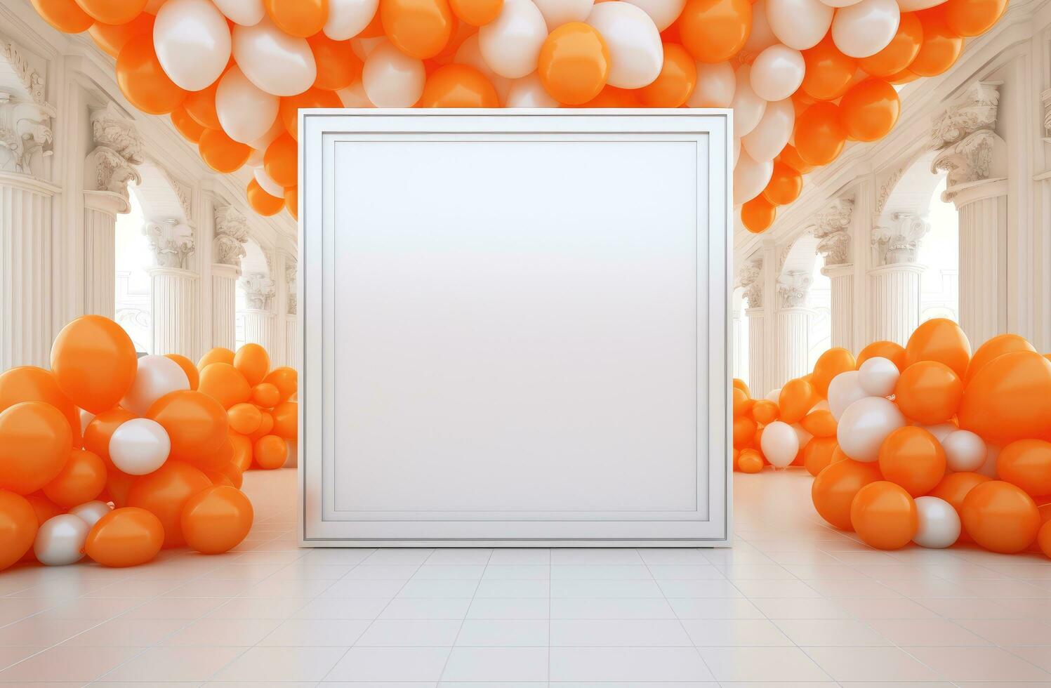 AI generated a blank frame with orange balloons is set up photo