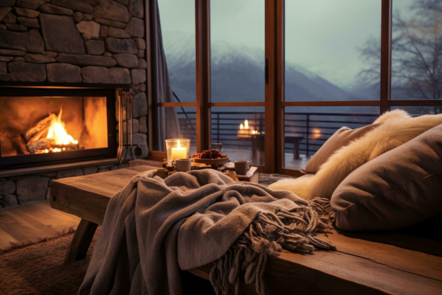 AI generated Cozy winter aesthetics, soft blankets, warm lights, creating an inviting and snug atmosphere photo