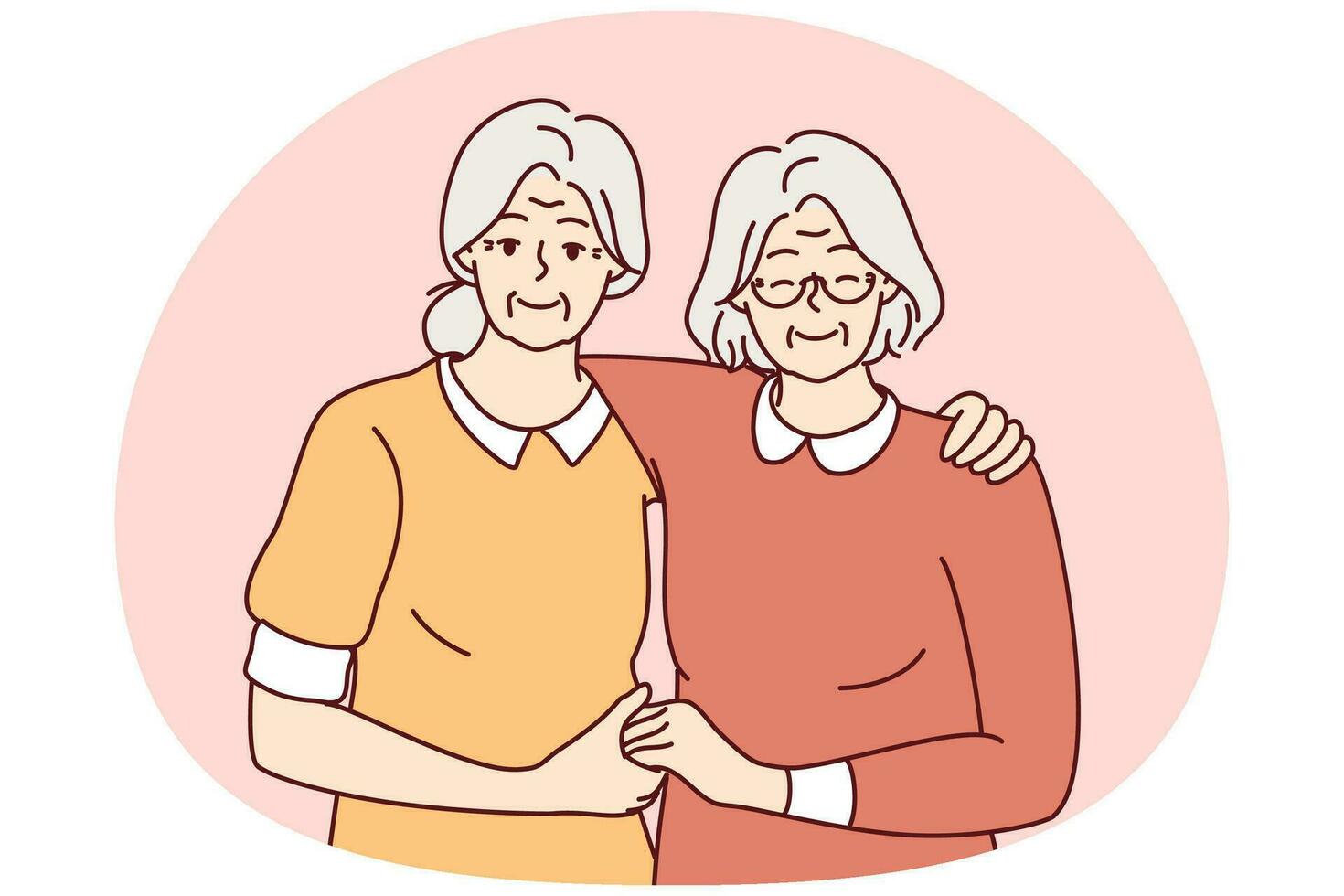 Portrait of smiling elderly female friends hugging showing long lasting friendship. Happy senior grandmothers embrace show unity and care. Vector illustration.