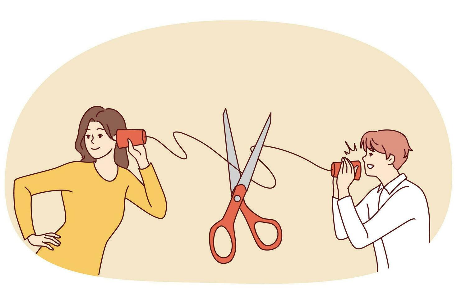 Man and woman with handmade cups hearing device suffer from bad communication. Scissors cut thread connecting couple talking. Vector illustration.