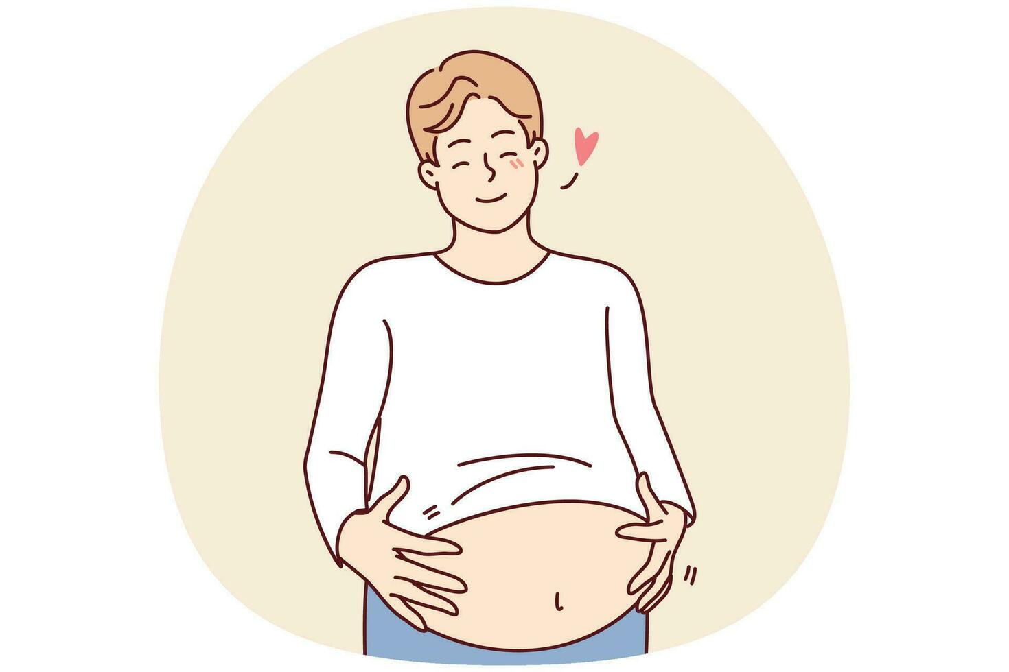 Happy fat man holding big belly feeling body positive. Smiling overweight guy with huge stomach with self-acceptance. Vector illustration.