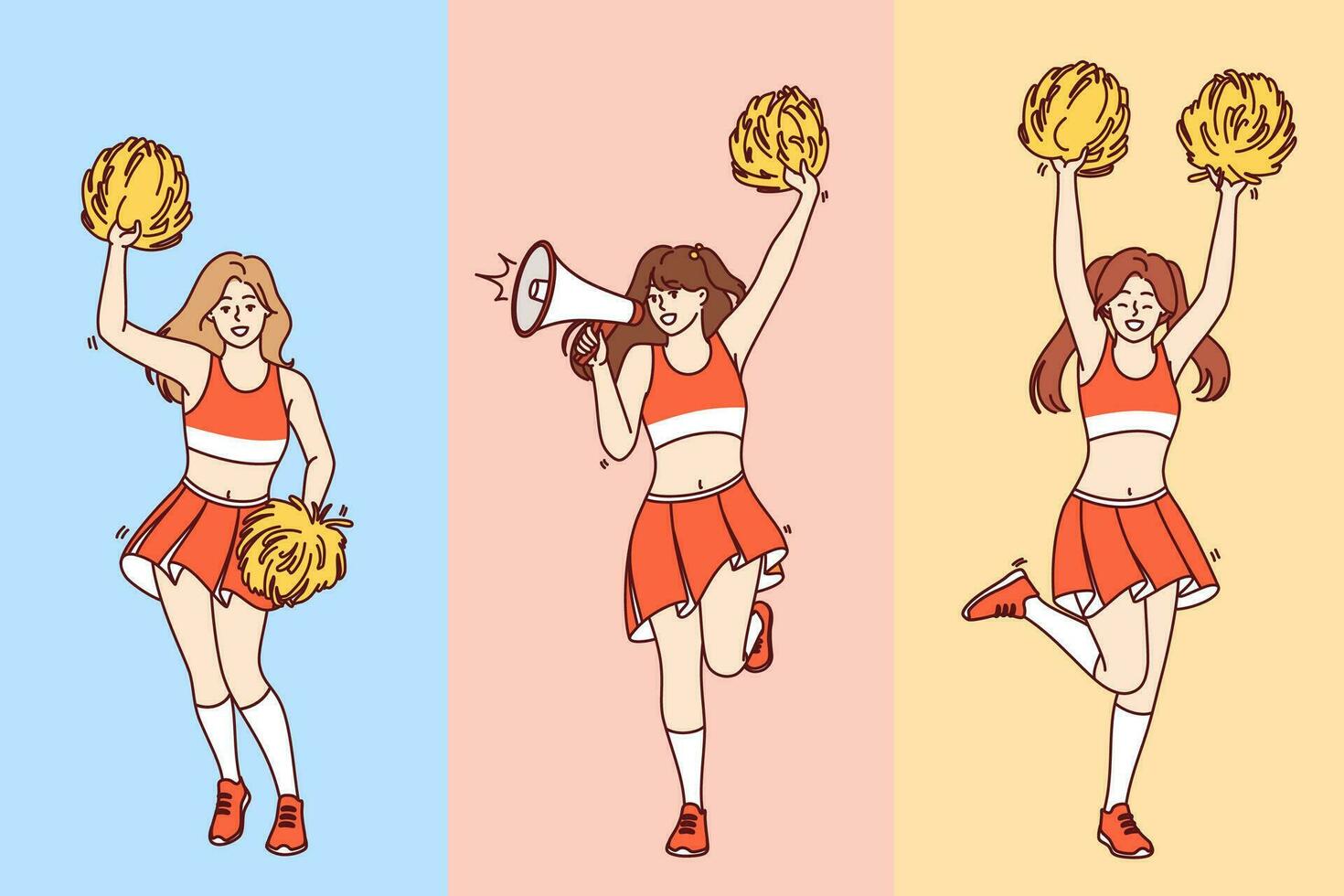 Girls cheerleaders jump and wave pom-poms in arms supporting fans of sports football team. Female cheerleaders with megaphone in skirts and tops perform before start of baseball tournament vector