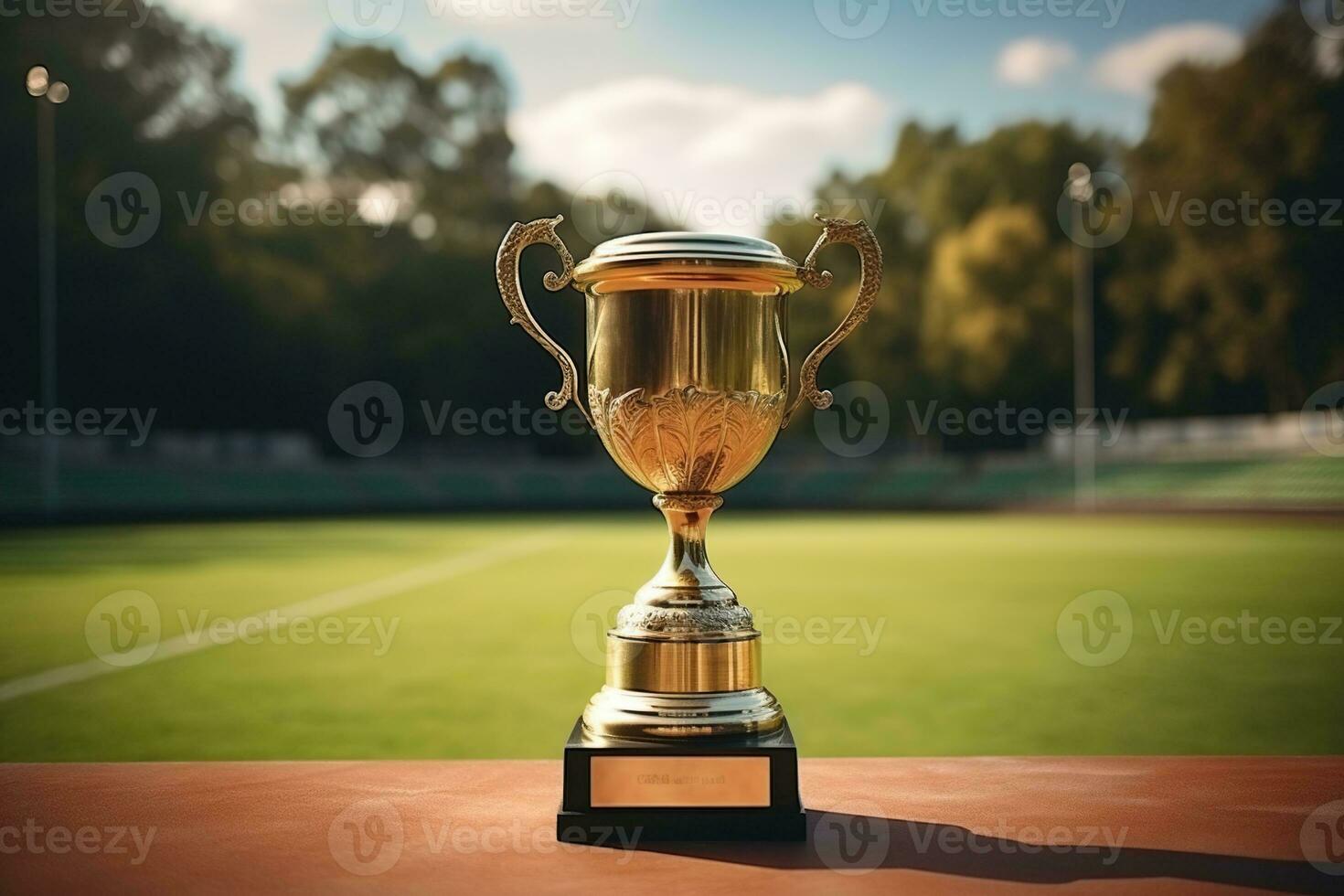 AI generated Champion's gold cup against a blurred green field. Generated by artificial intelligence photo