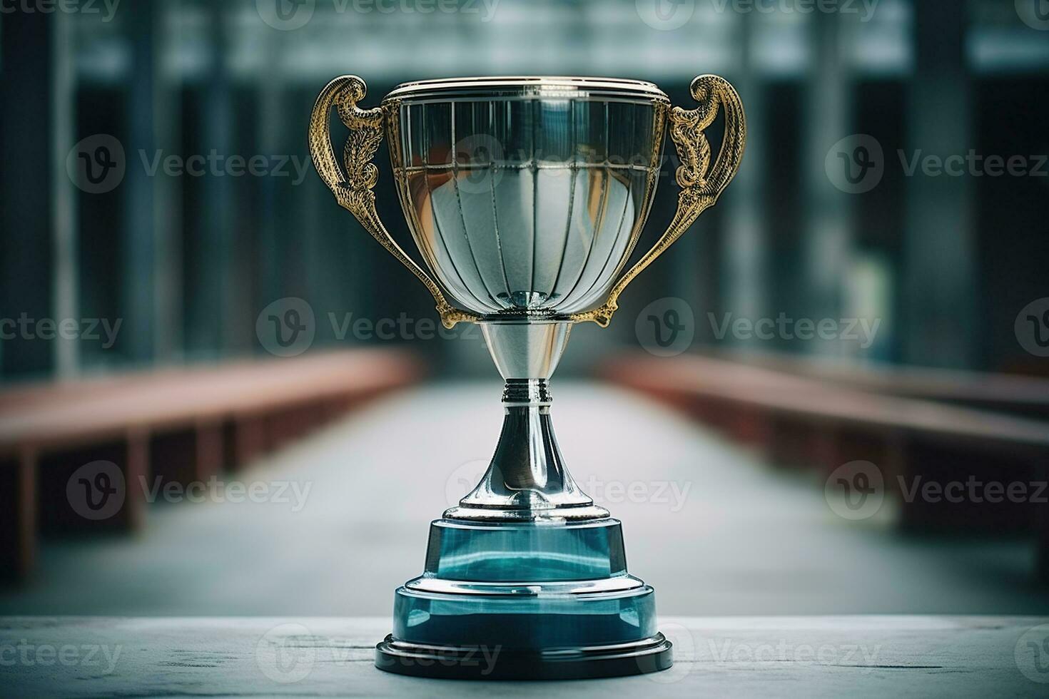 AI generated Silver champion cup on a wooden tabletop. Competition concept. Generated by artificial intelligence photo