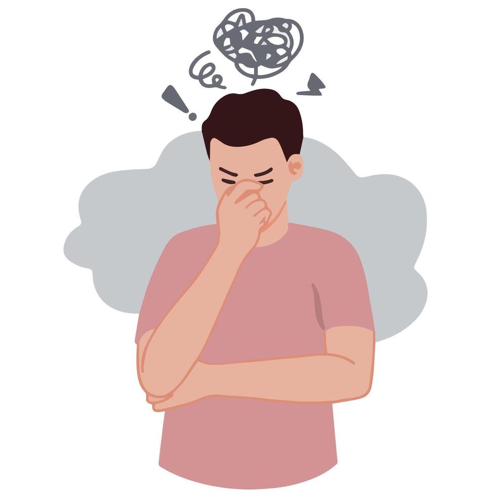 Portrait of man feeling stressed exhausted fatigue tired and headache rubbing his nose vector illustration