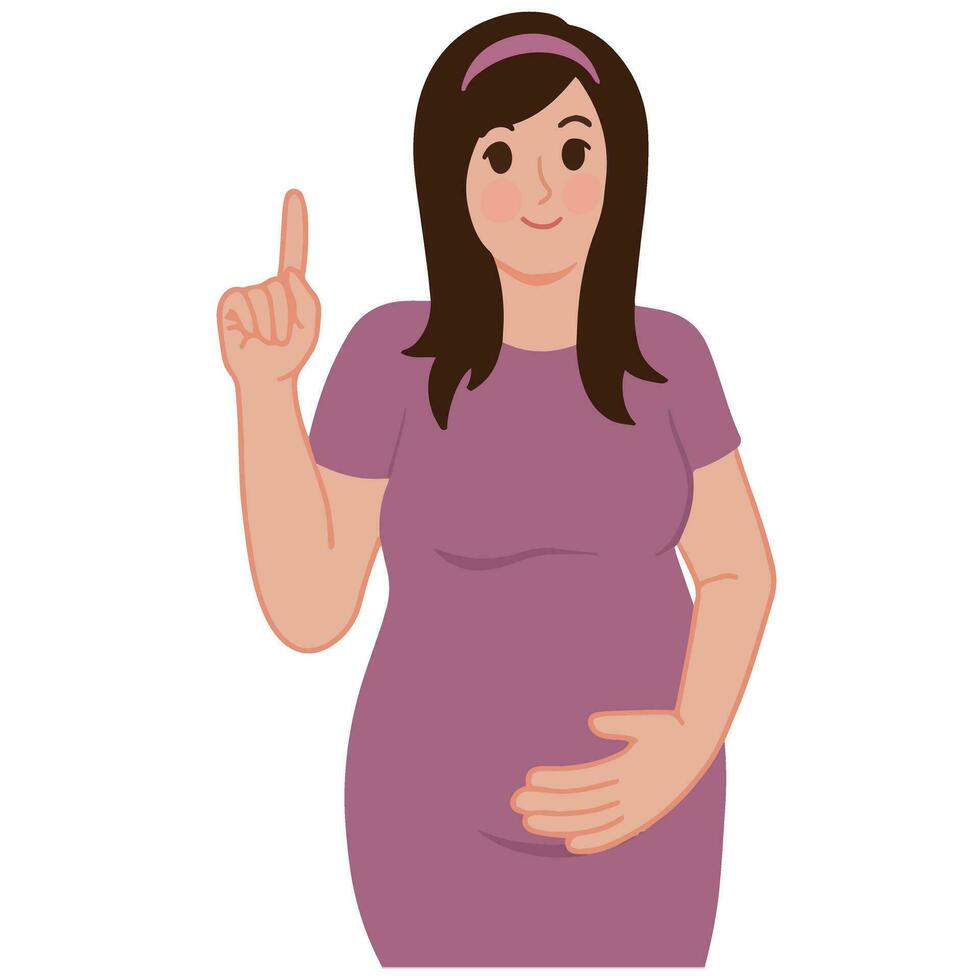 vector de embarazada mujer sonriente conmovedor barriga y señalando arriba ilustración