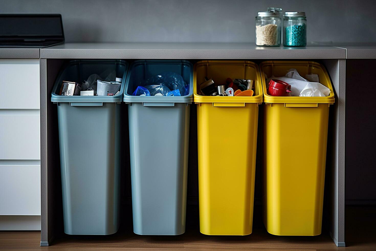 AI generated Containers for separate waste collection indoors. Recyclable waste concept. Generated by artificial intelligence photo