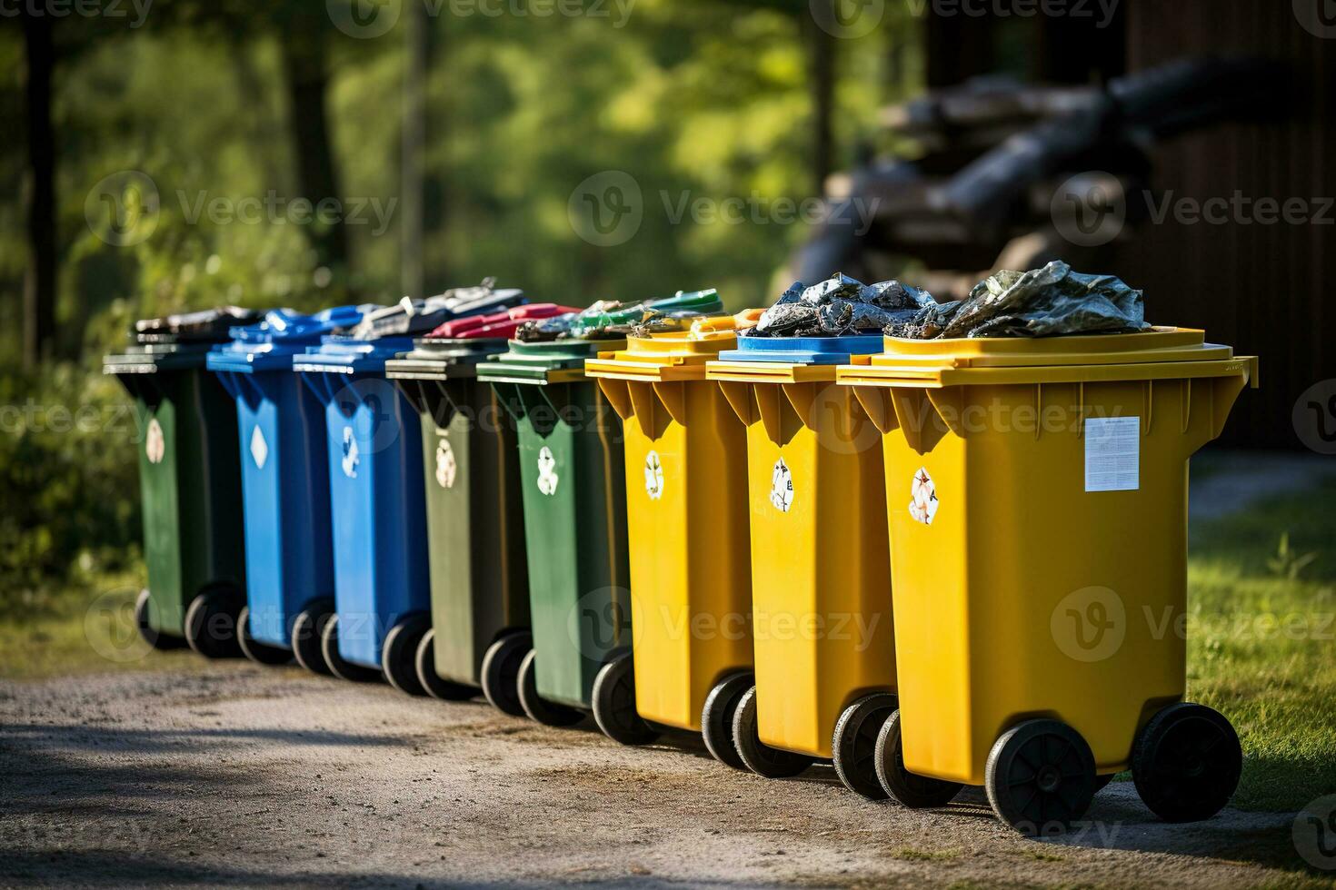 AI generated Multi-colored trash cans for paper, plastic, glass and organic matter in nature. Separate waste collection. Generated by artificial intelligence photo
