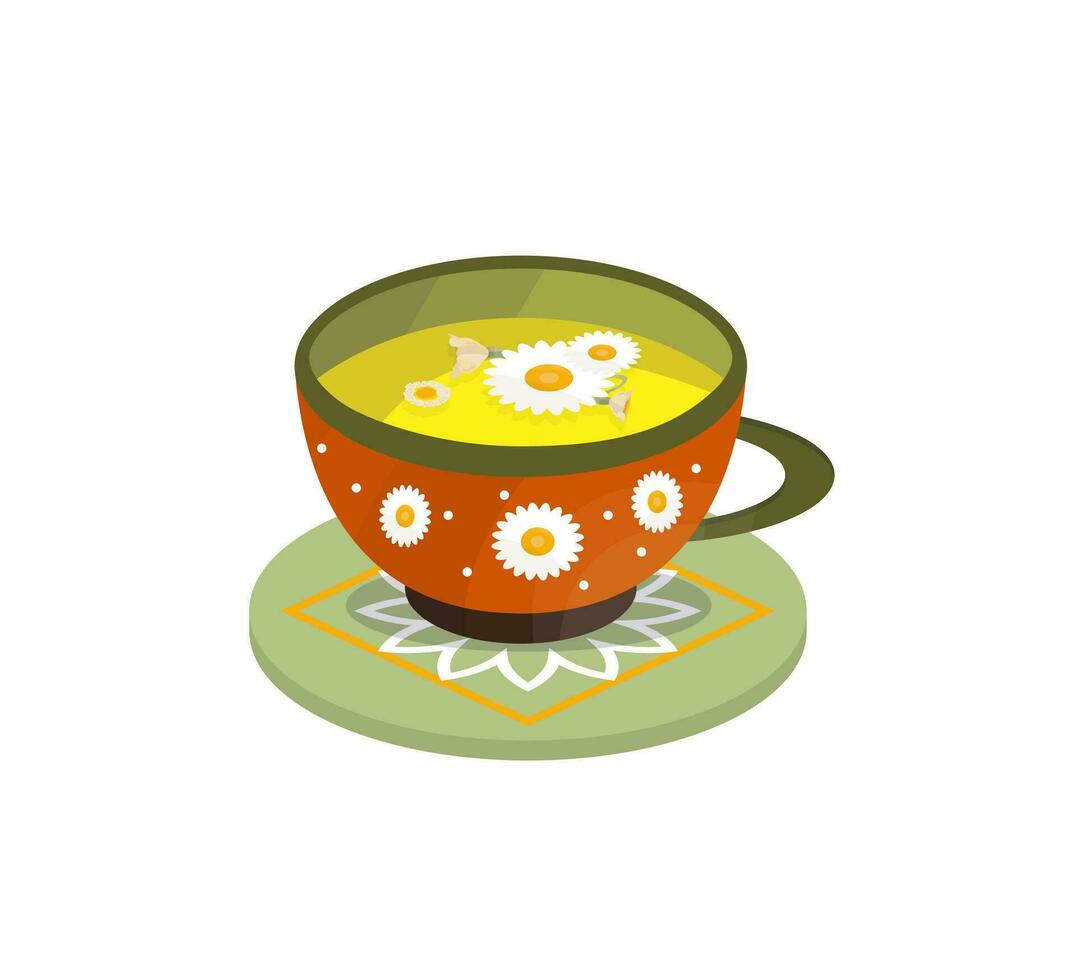 Cup with cammolile tea isolated.  Chamomile tea. Hot drink for cold weather.  Menu item. Flat vector illustration.