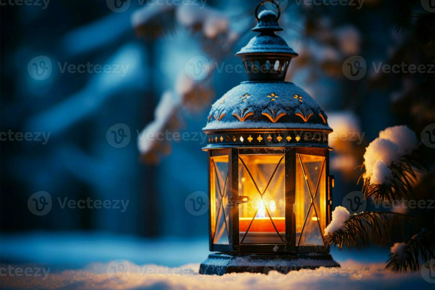 AI generated Burning Glowing lantern in winter snow Beautiful winter background AI Generated photo