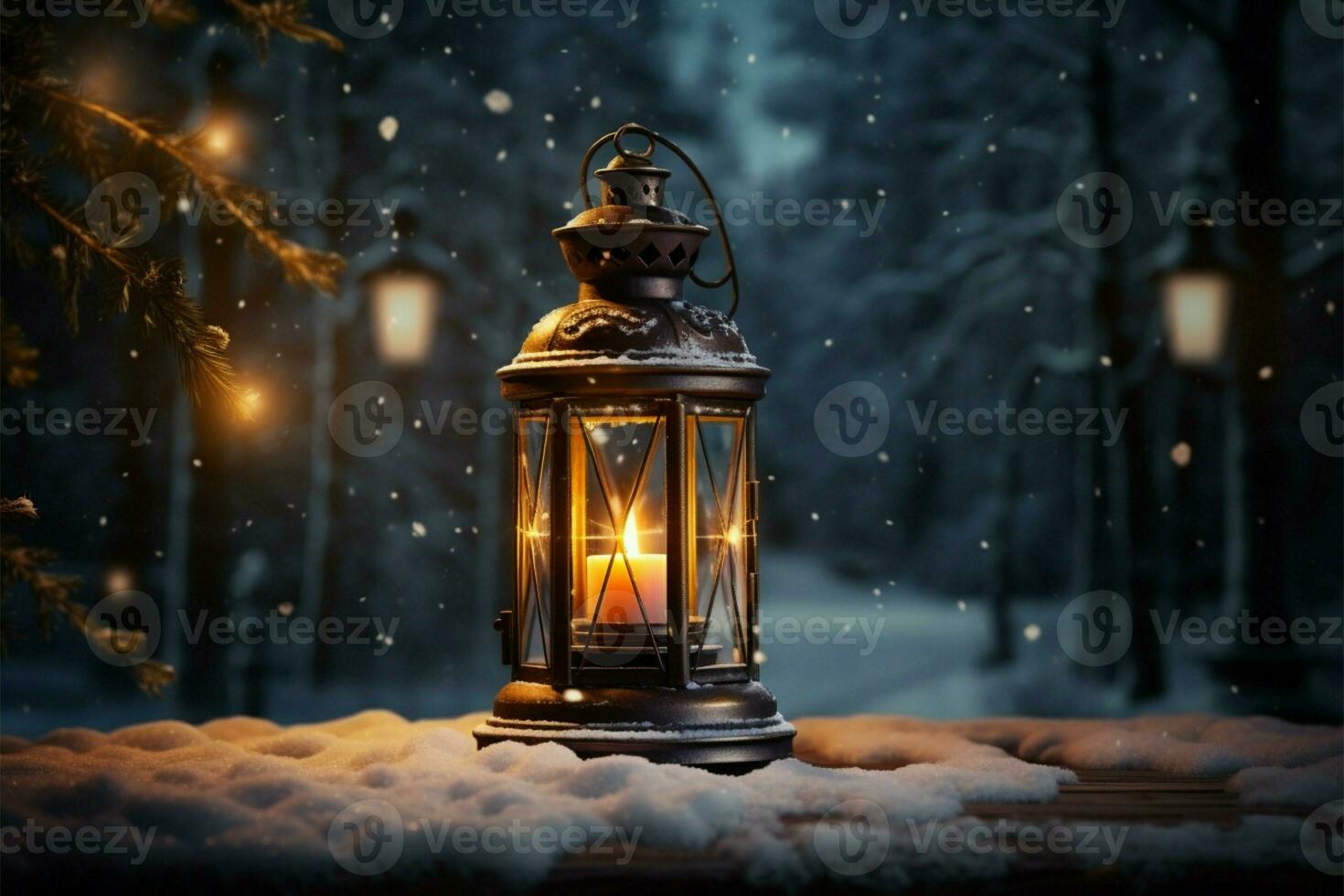 AI generated Burning Glowing lantern in winter snow Beautiful winter background AI Generated photo