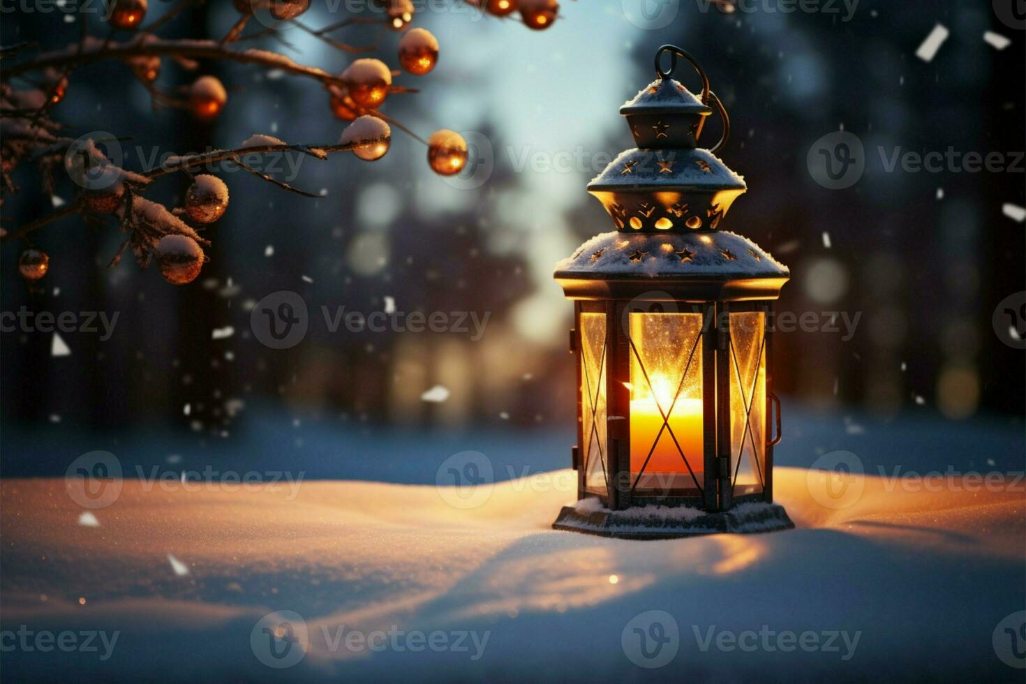 AI generated Burning Glowing lantern in winter snow Beautiful winter background AI Generated photo