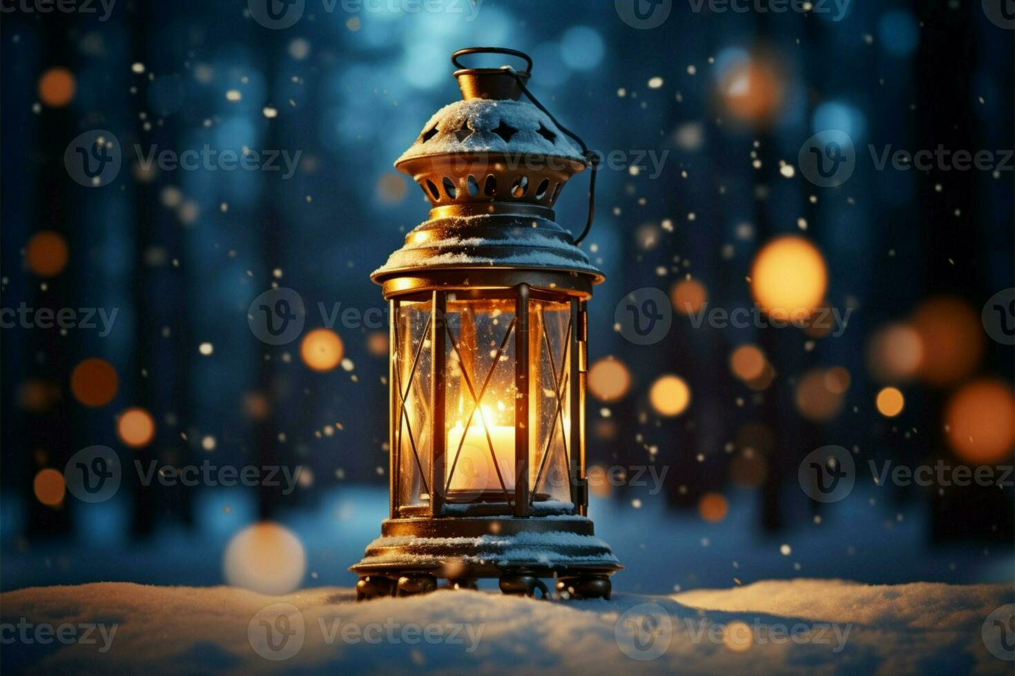 AI generated Burning Glowing lantern in winter snow Beautiful winter background AI Generated photo