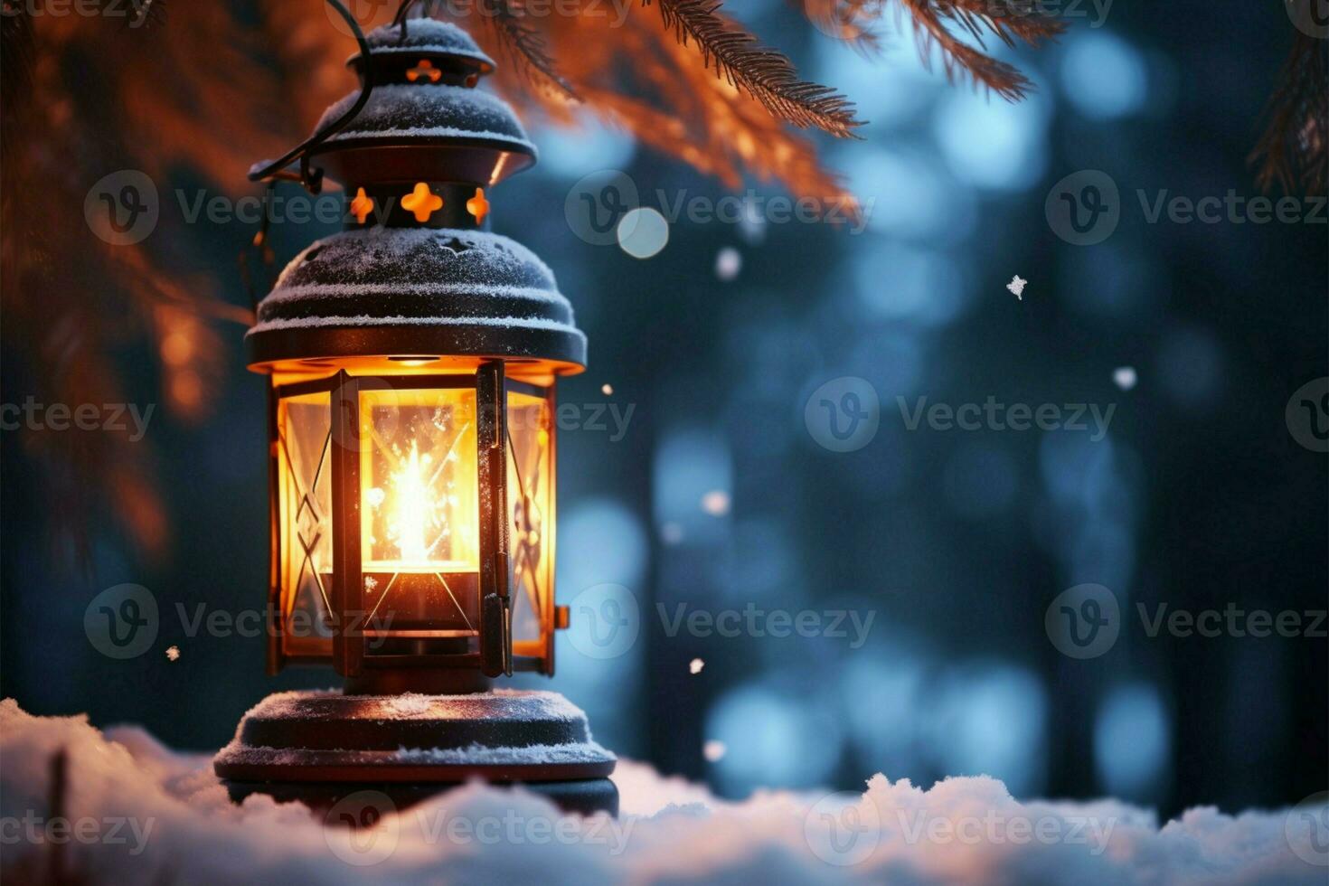 AI generated Burning Glowing lantern in winter snow Beautiful winter background AI Generated photo