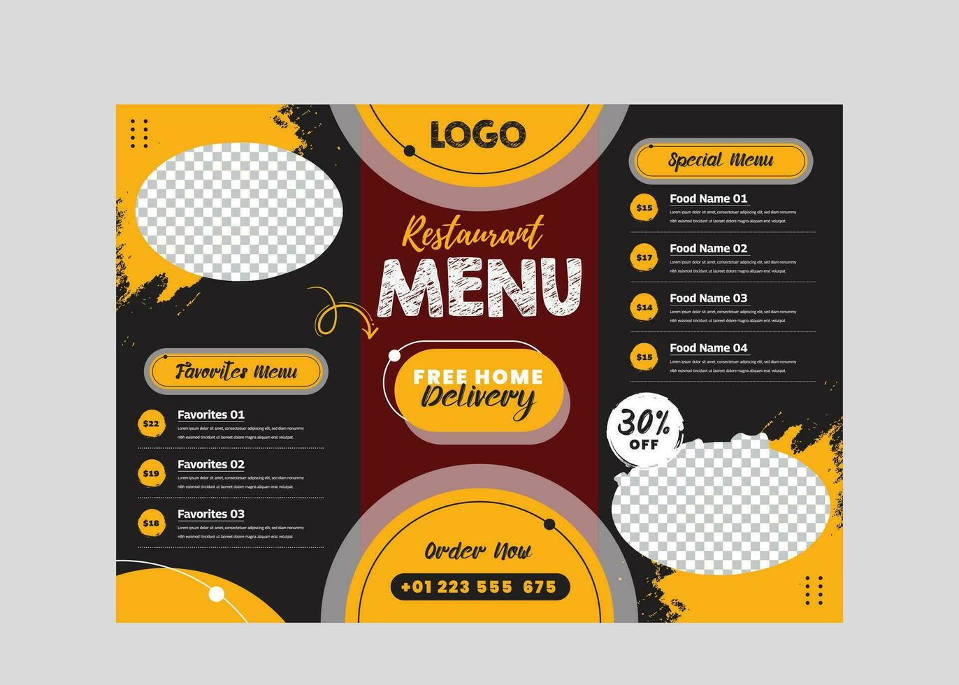 restaurante comida menú y tríptico folleto diseño con foto vector