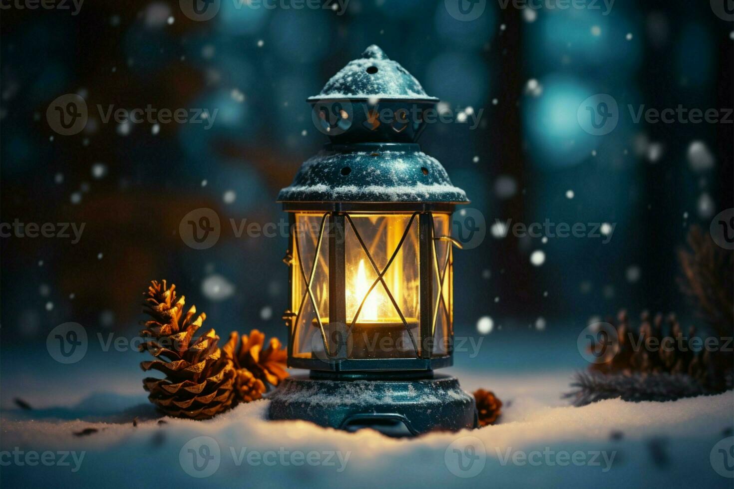 AI generated Burning Glowing lantern in winter snow Beautiful winter background AI Generated photo