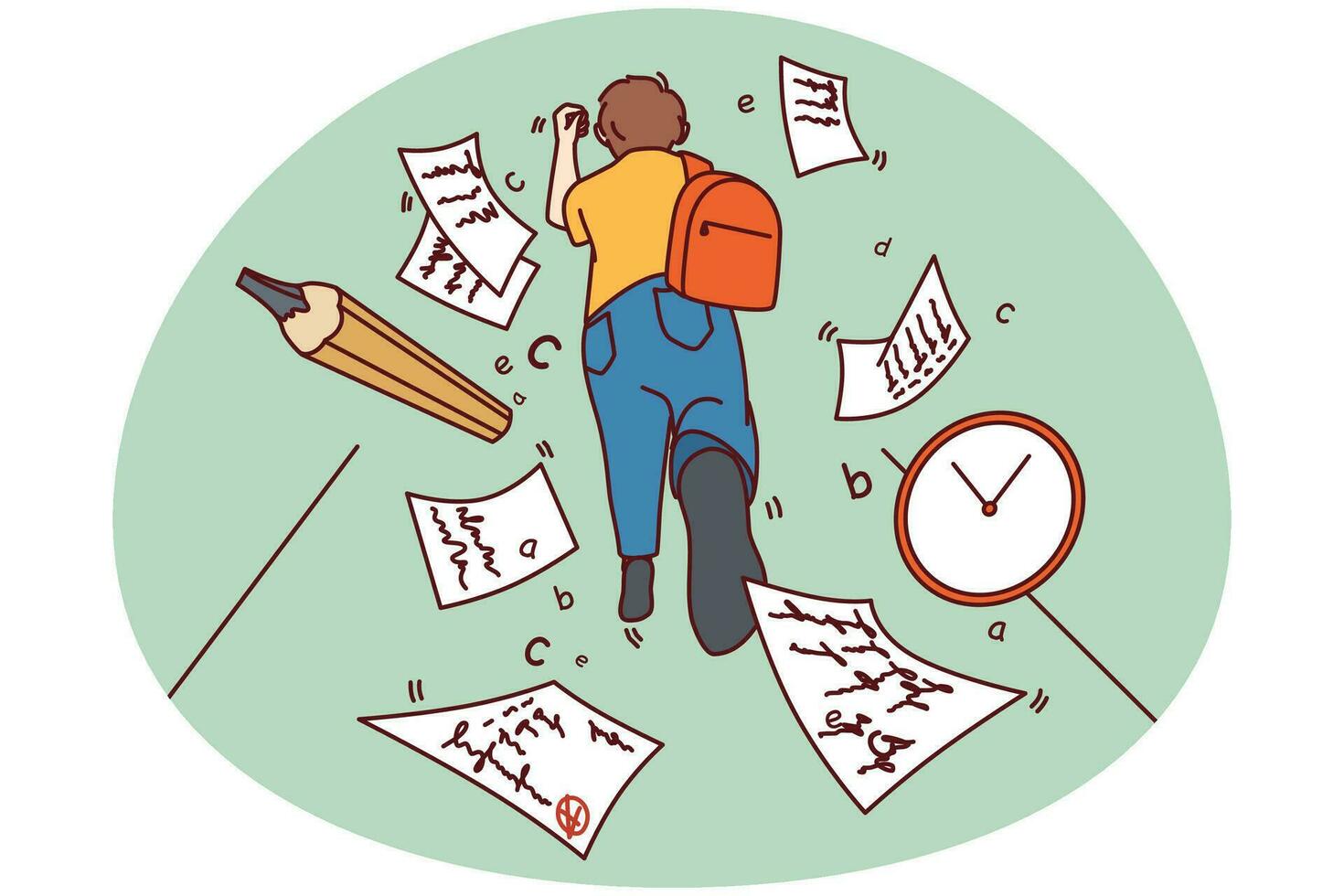 Boy child with backpack running to classroom miss deadline. Kid rush at school being late for lesson. Education problem. Vector illustration.