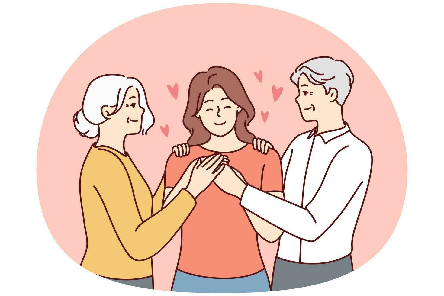Happy elderly couple hugging grownup girl child showing love and care. Smiling old parents embrace cuddle adult woman. Family reunion. Vector illustration.