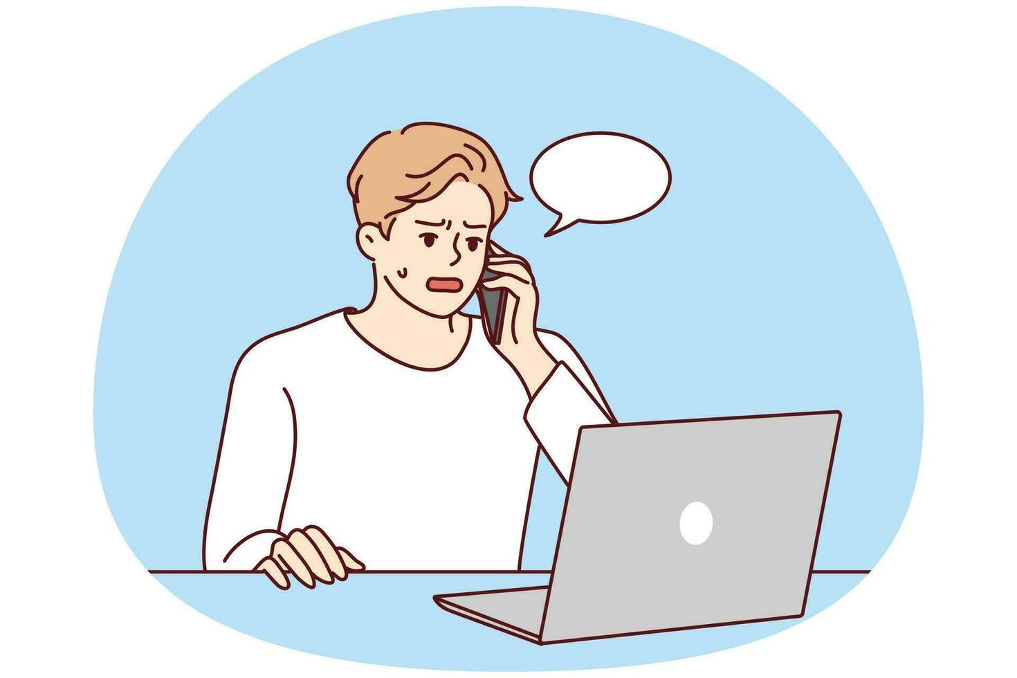 Angry young man sit at desk work on computer talk on cell about problem on device. Unhappy male experience trouble using laptop speak with helpline. Vector illustration.