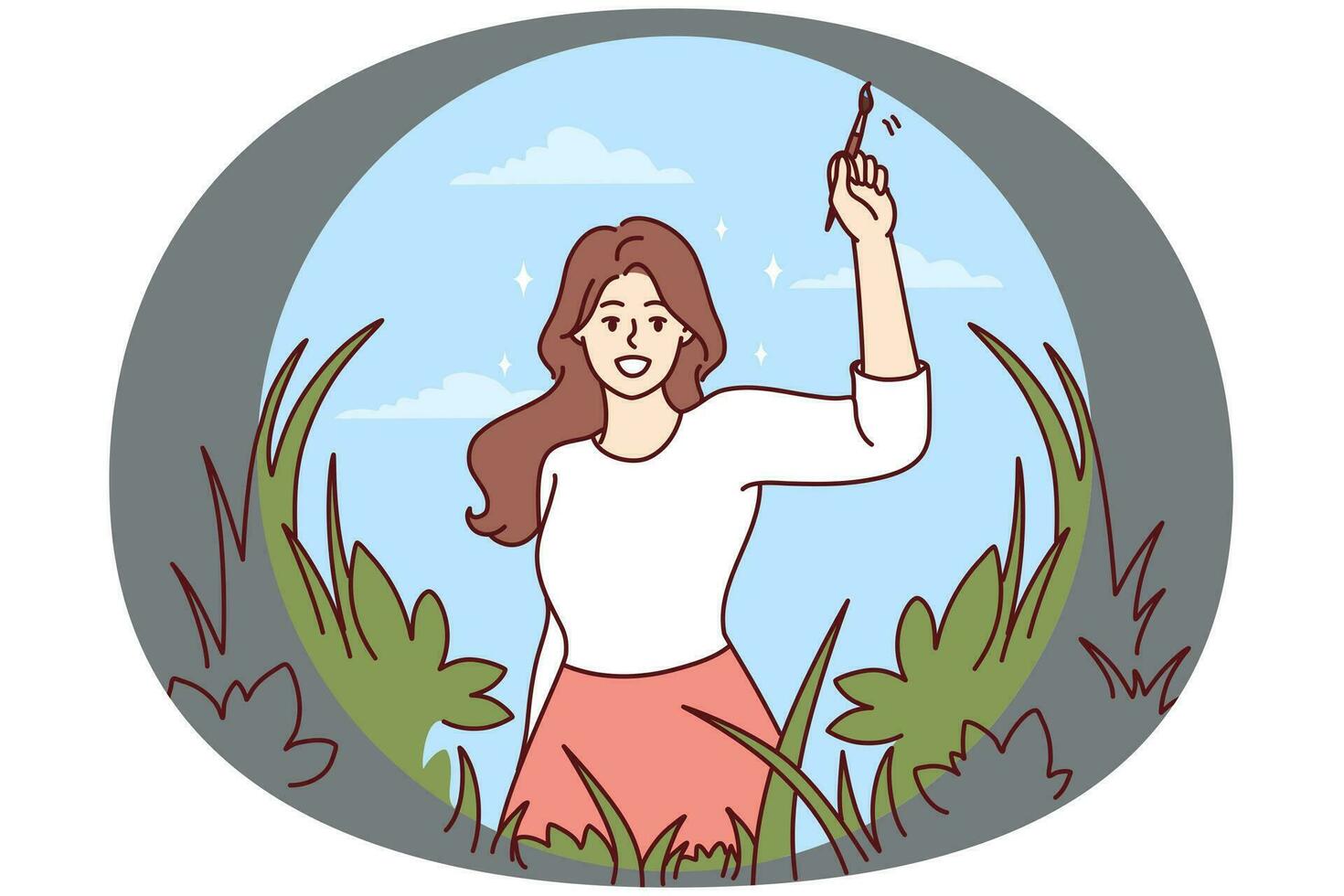 una joven sonriente pintando una hermosa naturaleza se recupera de una enfermedad mental. una chica feliz dibuja un ambiente brillante sintiéndose optimista y positiva. ilustración vectorial vector