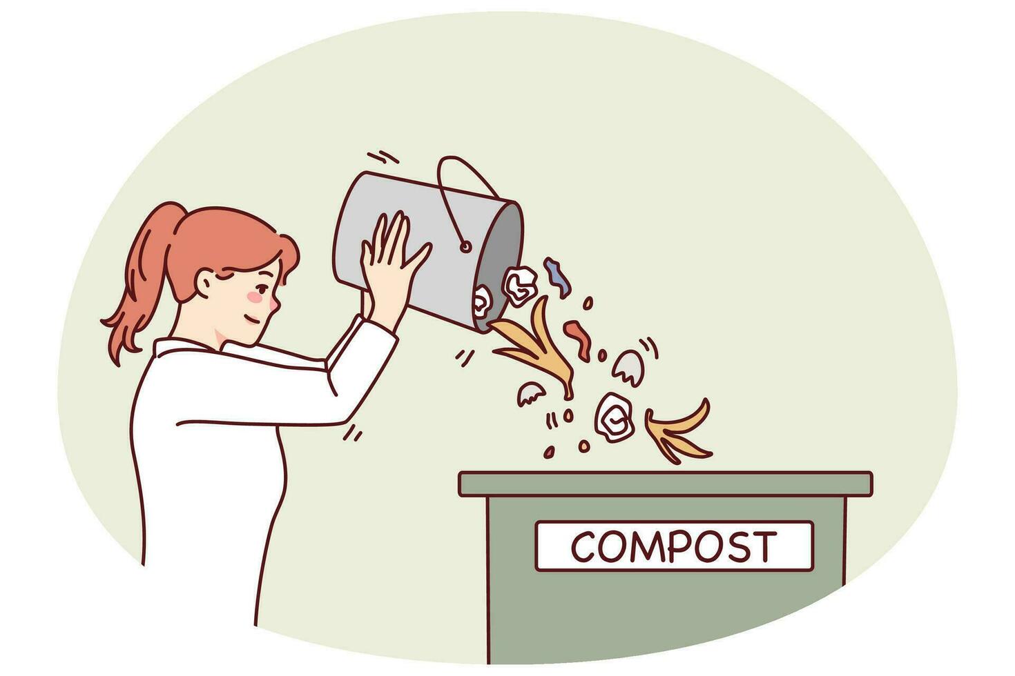 Woman throwing waste in compost container. Caring young female recycle organic trash sort garbage. Ecology conservation. Vector illustration.