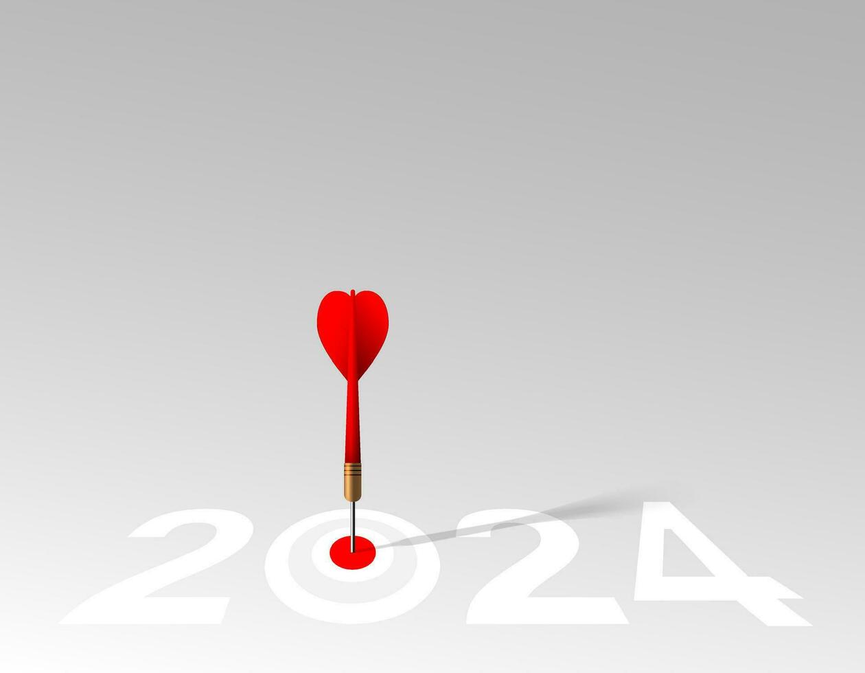 Red dart hit to center of dartboard between number. 2024 New Year with 3d target and goals. Arrow on bullseye in target for new year 2023. Business success, strategy, achievement, purpose concept vector