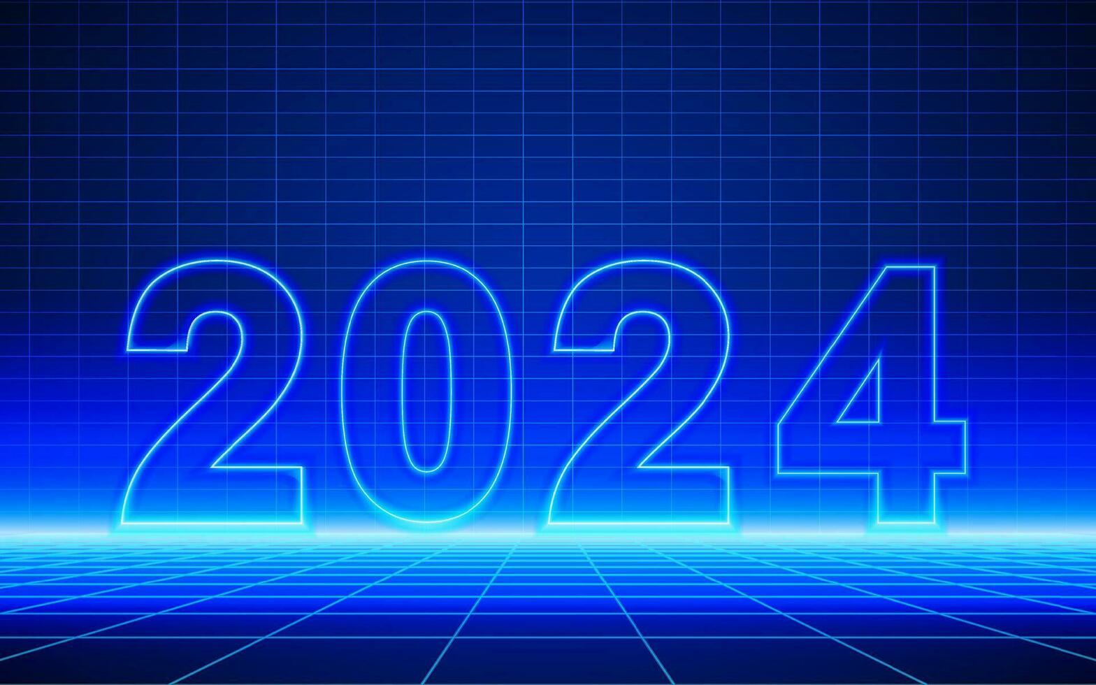 2024 número neón ligero contorno en futurista tecnológico cuadrícula antecedentes. digital ciber espacio escena diseño, cyberpunk tecnología, virtual realidad, Ciencias ficción matriz fondo vector
