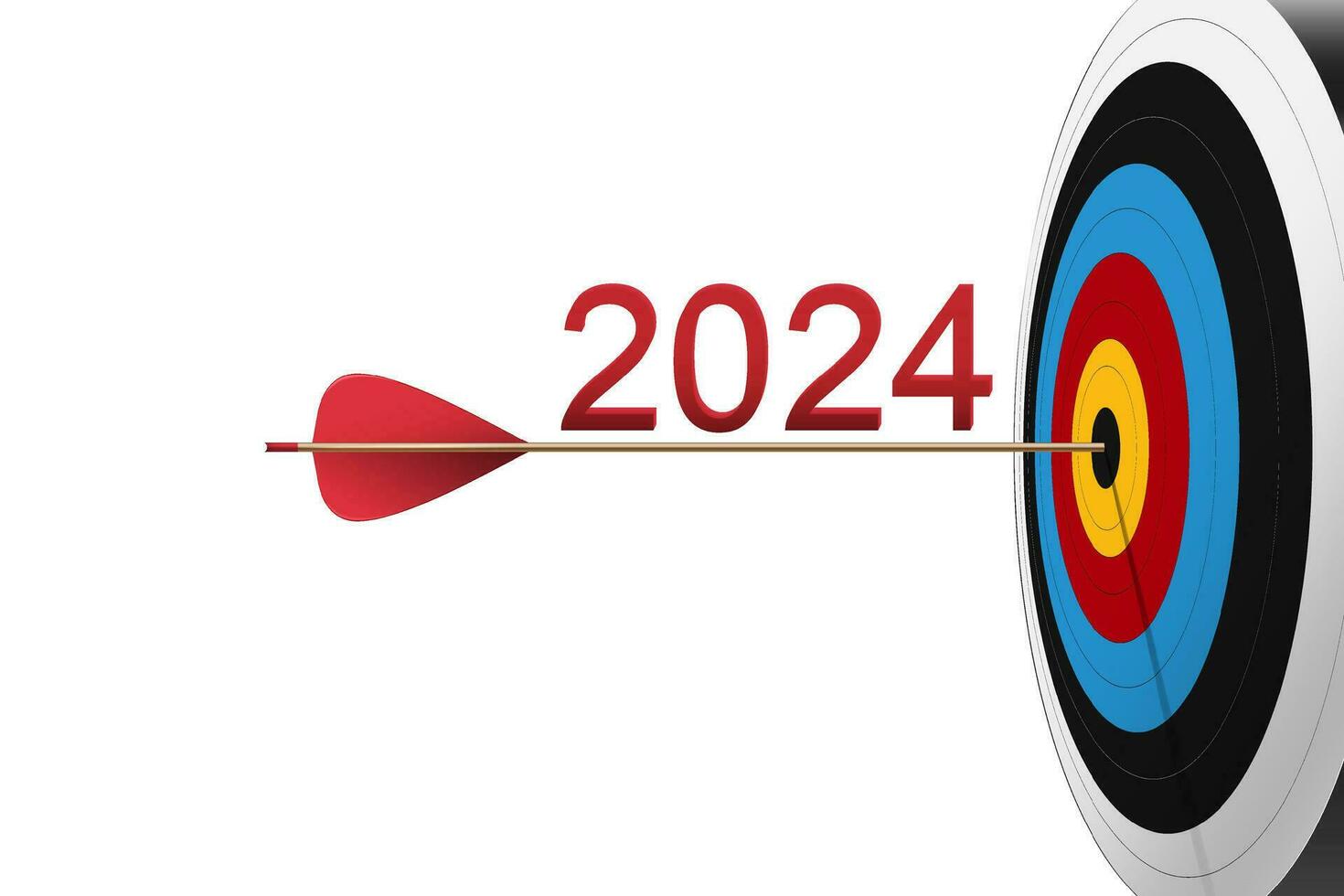 Red arrow hit to center of dartboard with 2024 number. Archery target and bullseye. Business success, investment goal, challenge, aim strategy, achievement focus concept. vector